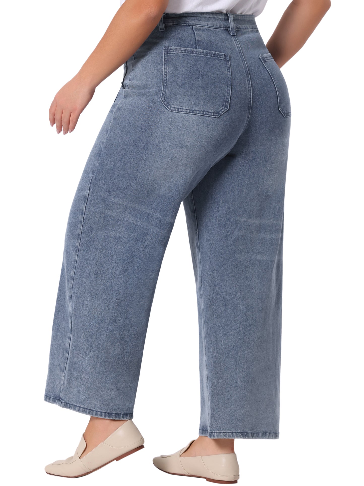 Women Plus Size Jeans Wide Leg Washed Stretch With Pockets Palazzo Denim Jeans