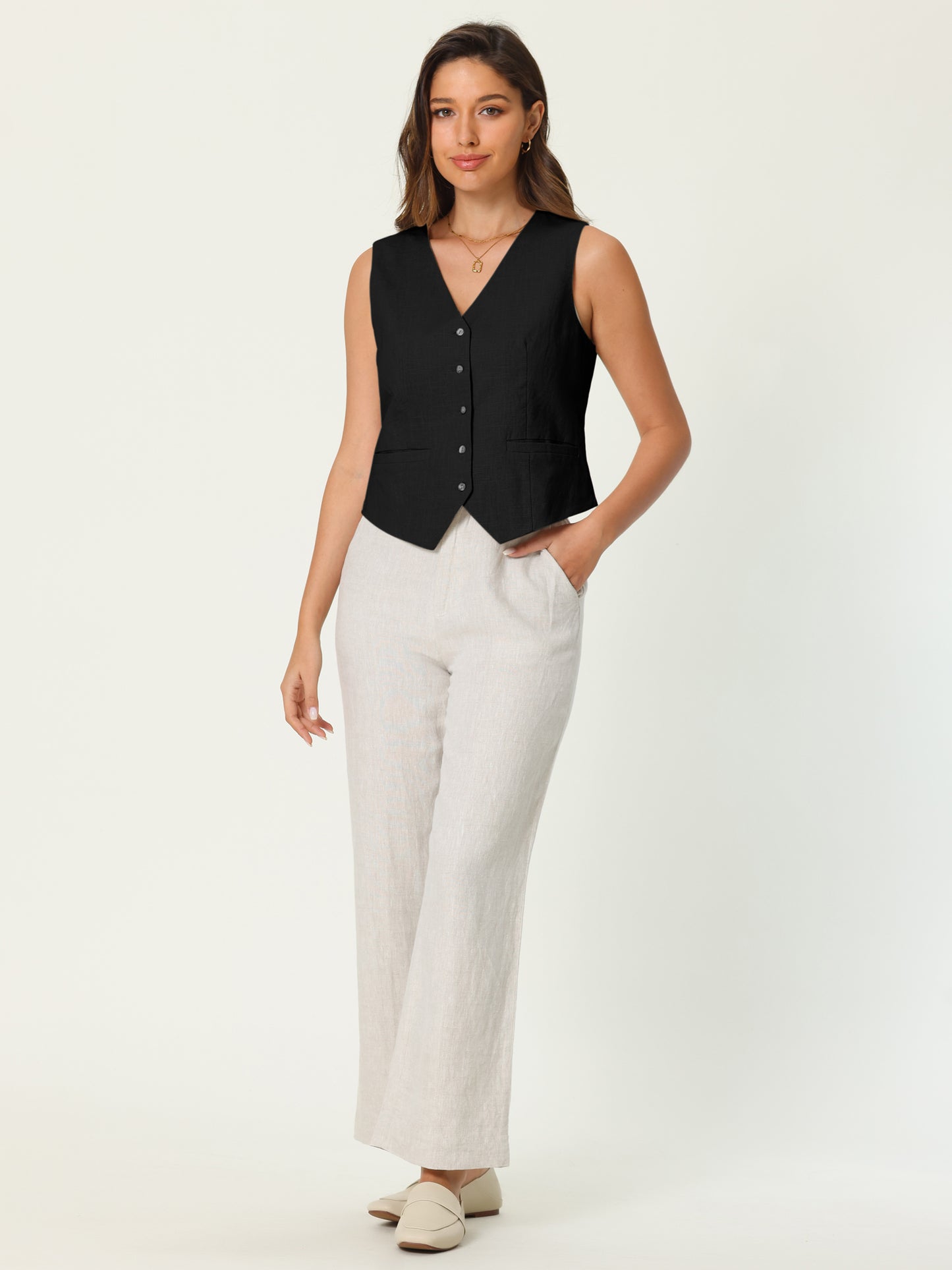 Women's Sleeveless Button Down V Neck Linen Vest
