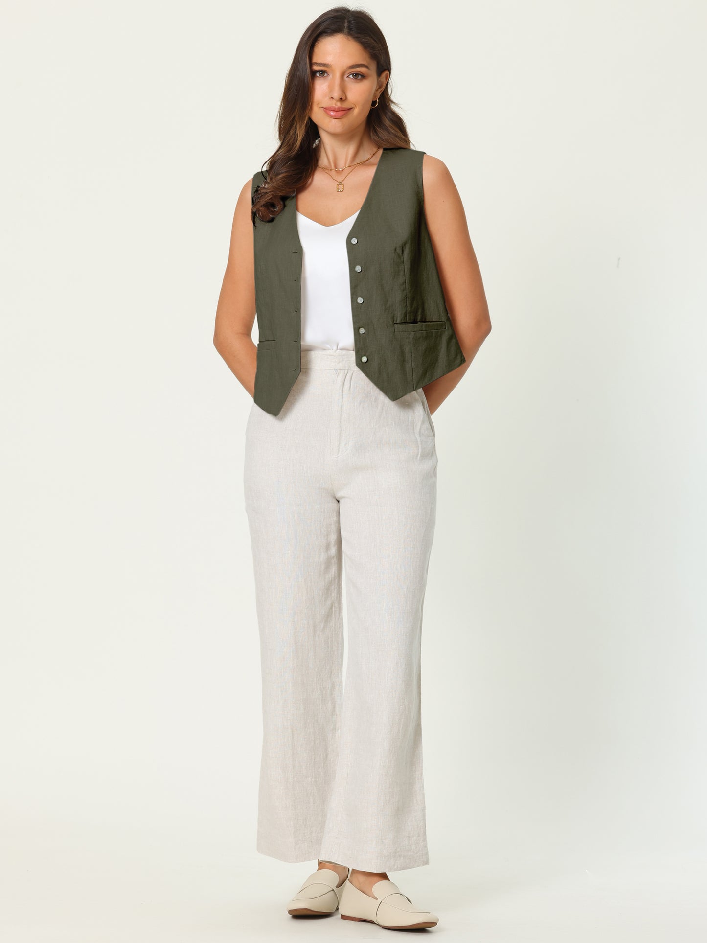 Women's Sleeveless Button Down V Neck Linen Vest