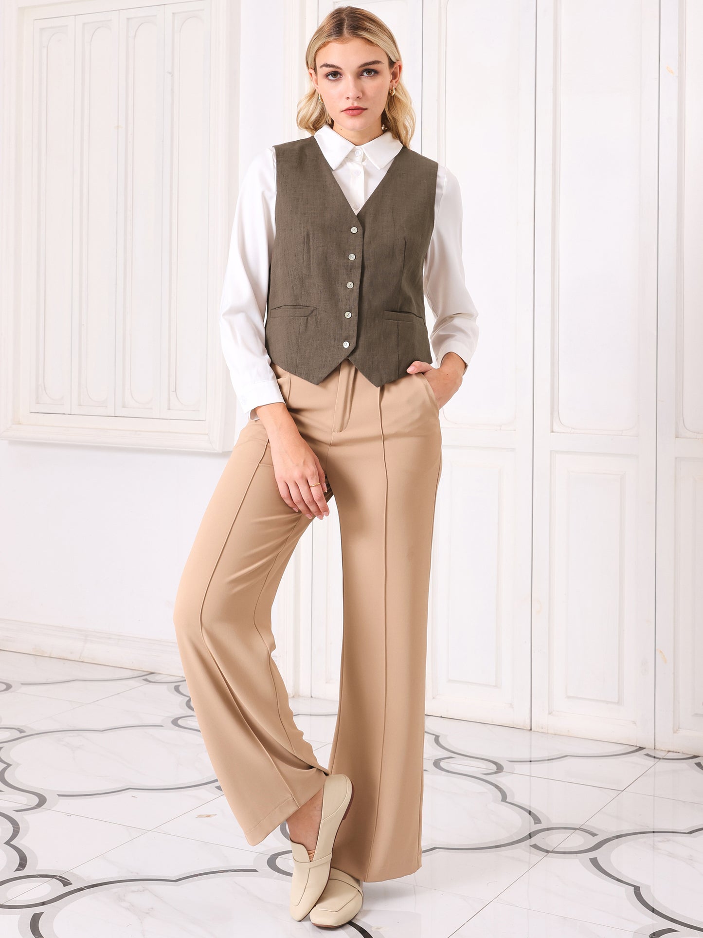 Women's Sleeveless Button Down V Neck Linen Vest