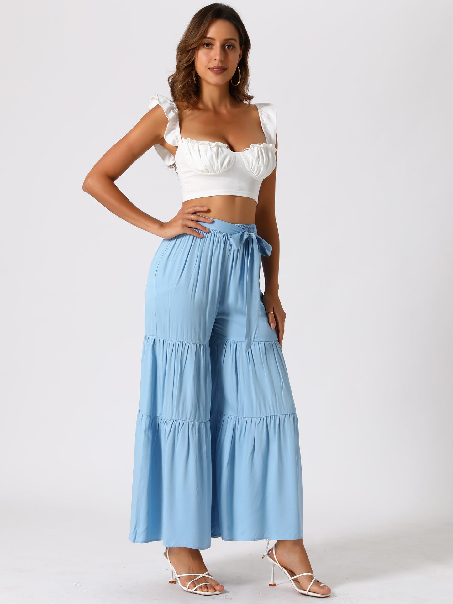 Women's Boho Elastic High Waisted Ruffles Flare Palazzo Wide Leg Pants