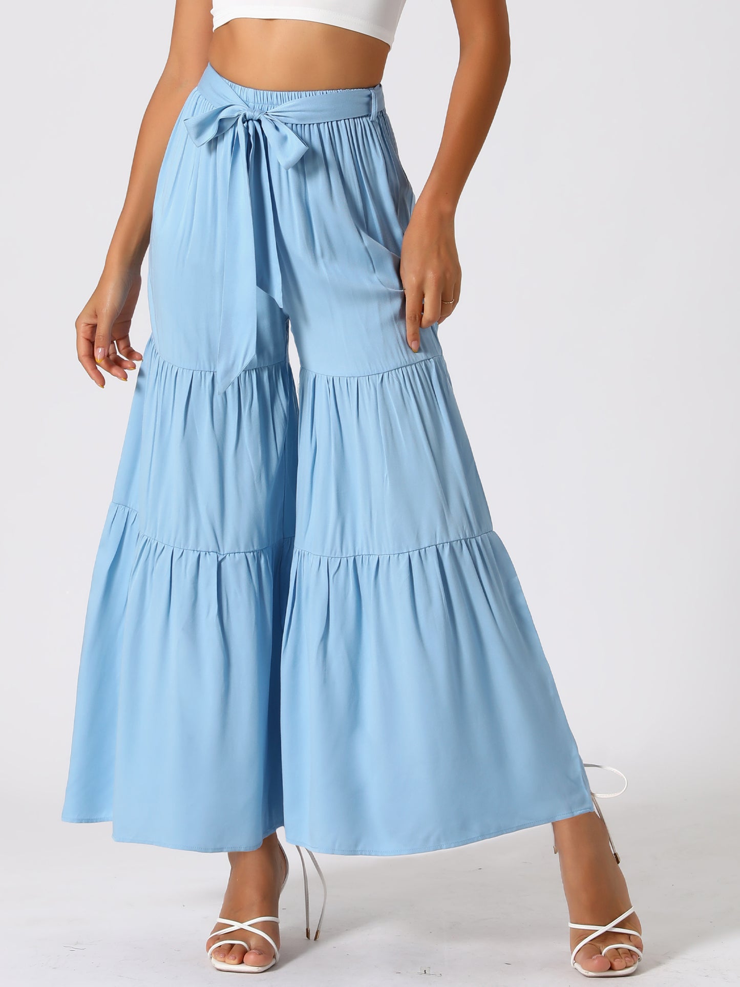Women's Boho Elastic High Waisted Ruffles Flare Palazzo Wide Leg Pants