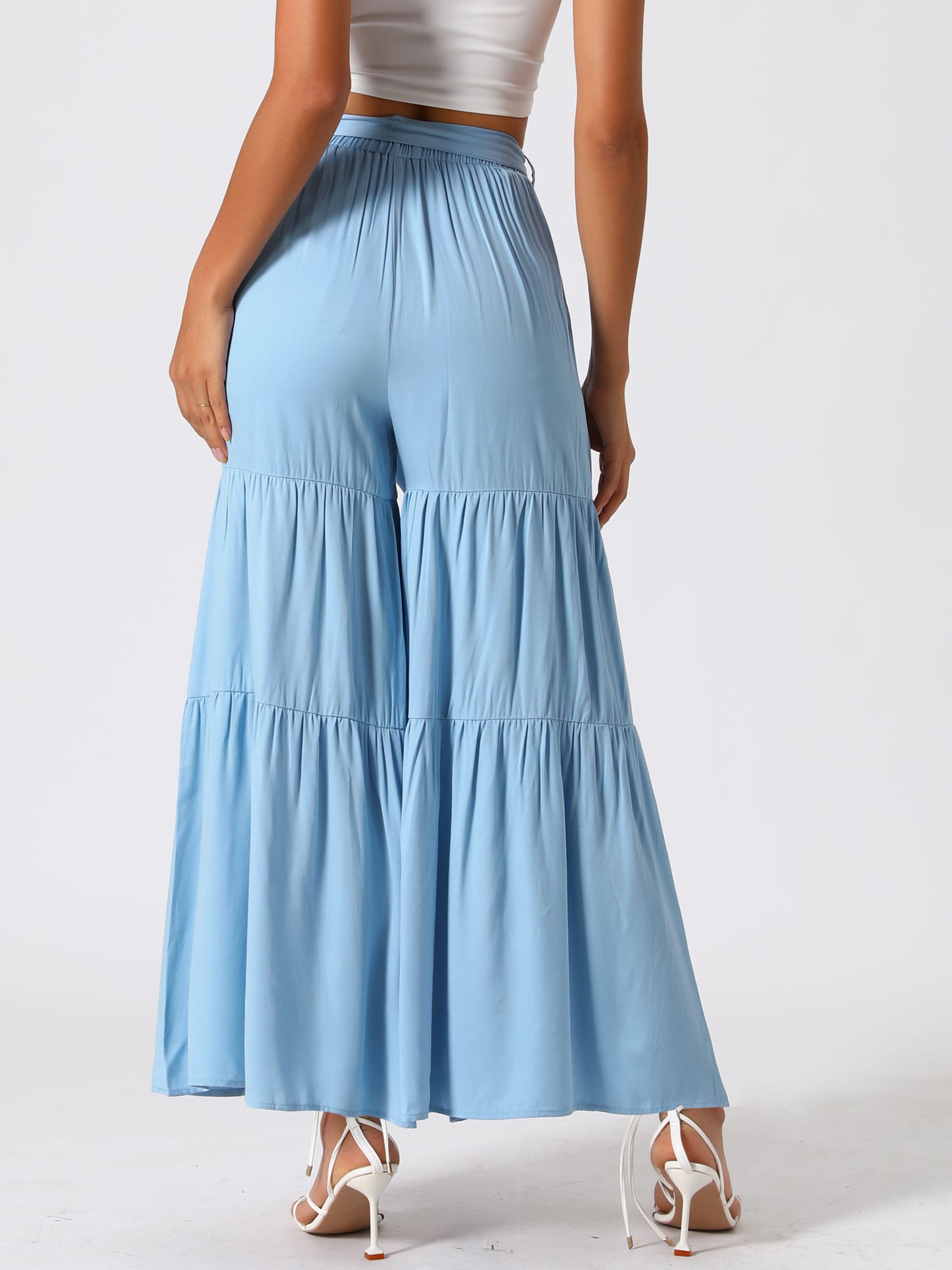 Women's Boho Elastic High Waisted Ruffles Flare Palazzo Wide Leg Pants