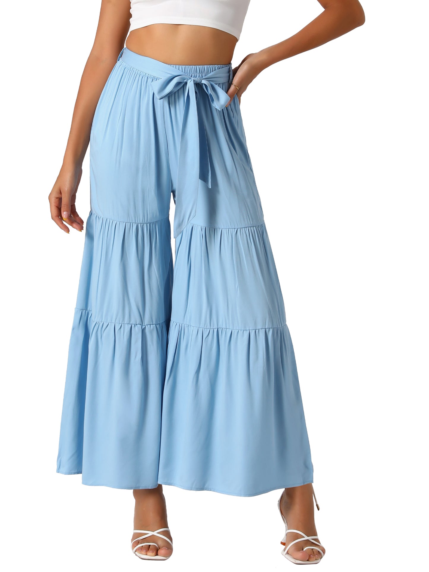 Women's Boho Elastic High Waisted Ruffles Flare Palazzo Wide Leg Pants
