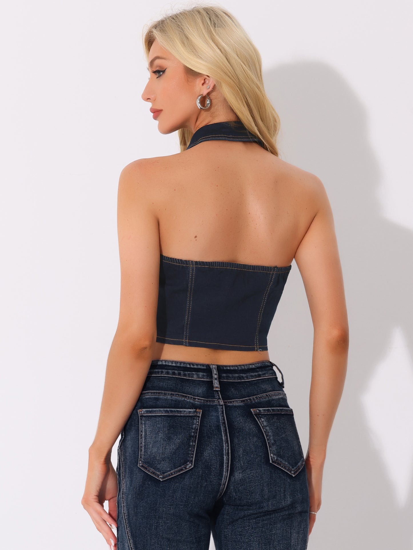 Women's Zipper Up Collared Sleeveless Jean Corset Denim Halter Top