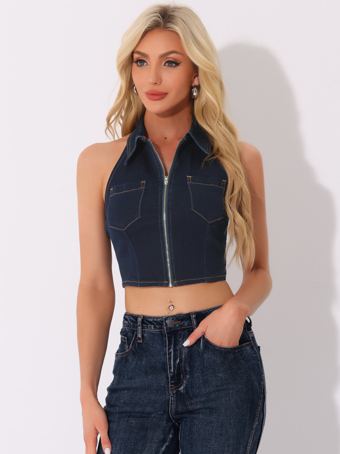 Women's Zipper Up Collared Sleeveless Jean Corset Denim Halter Top