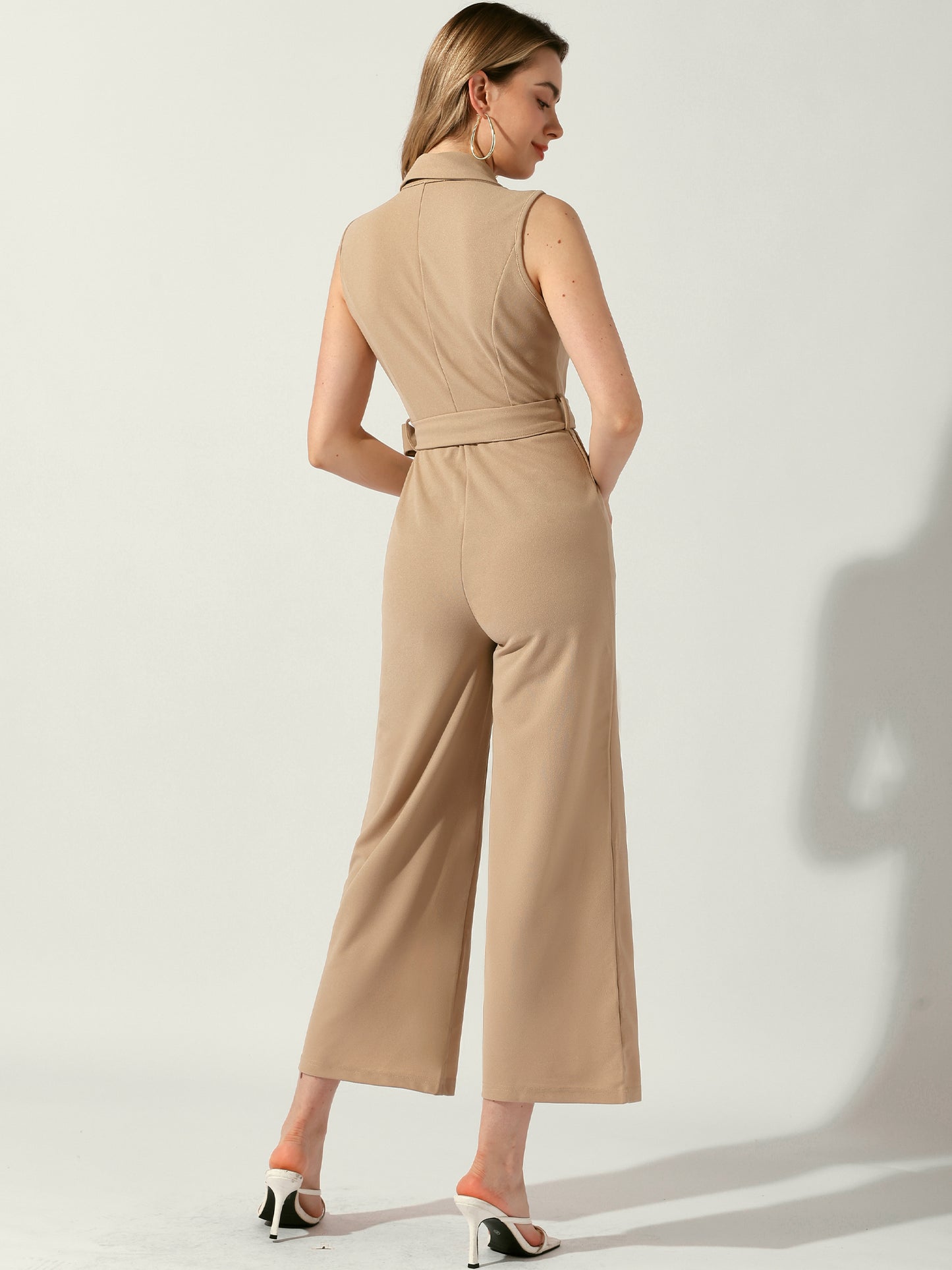 Women's Elegant Office Work Sleeveless Wide Belted Leg Jumpsuit Romper