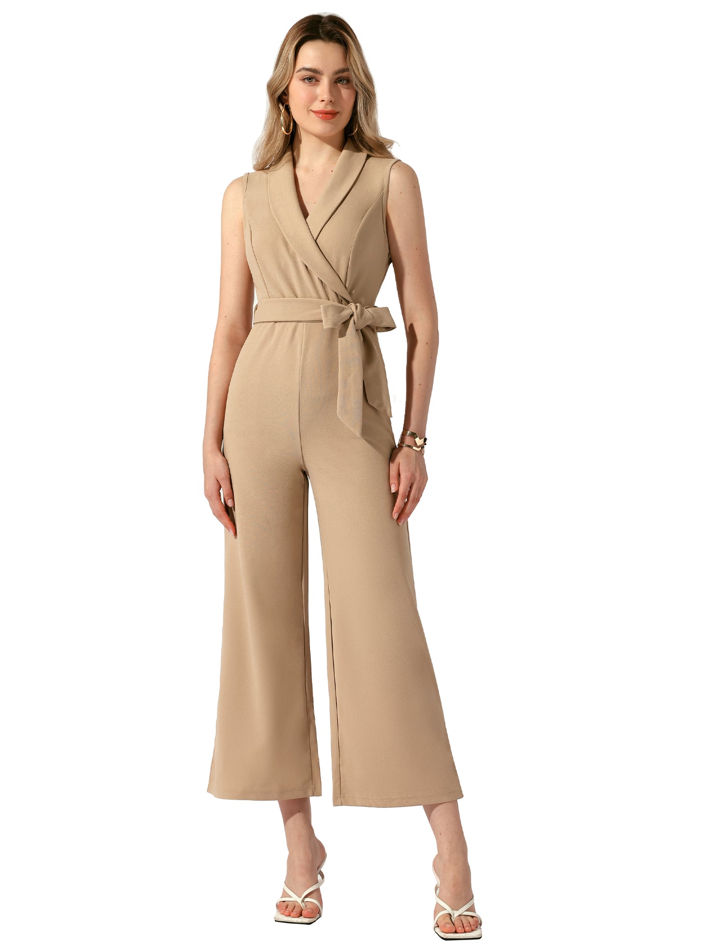 Women's Elegant Office Work Sleeveless Wide Belted Leg Jumpsuit Romper