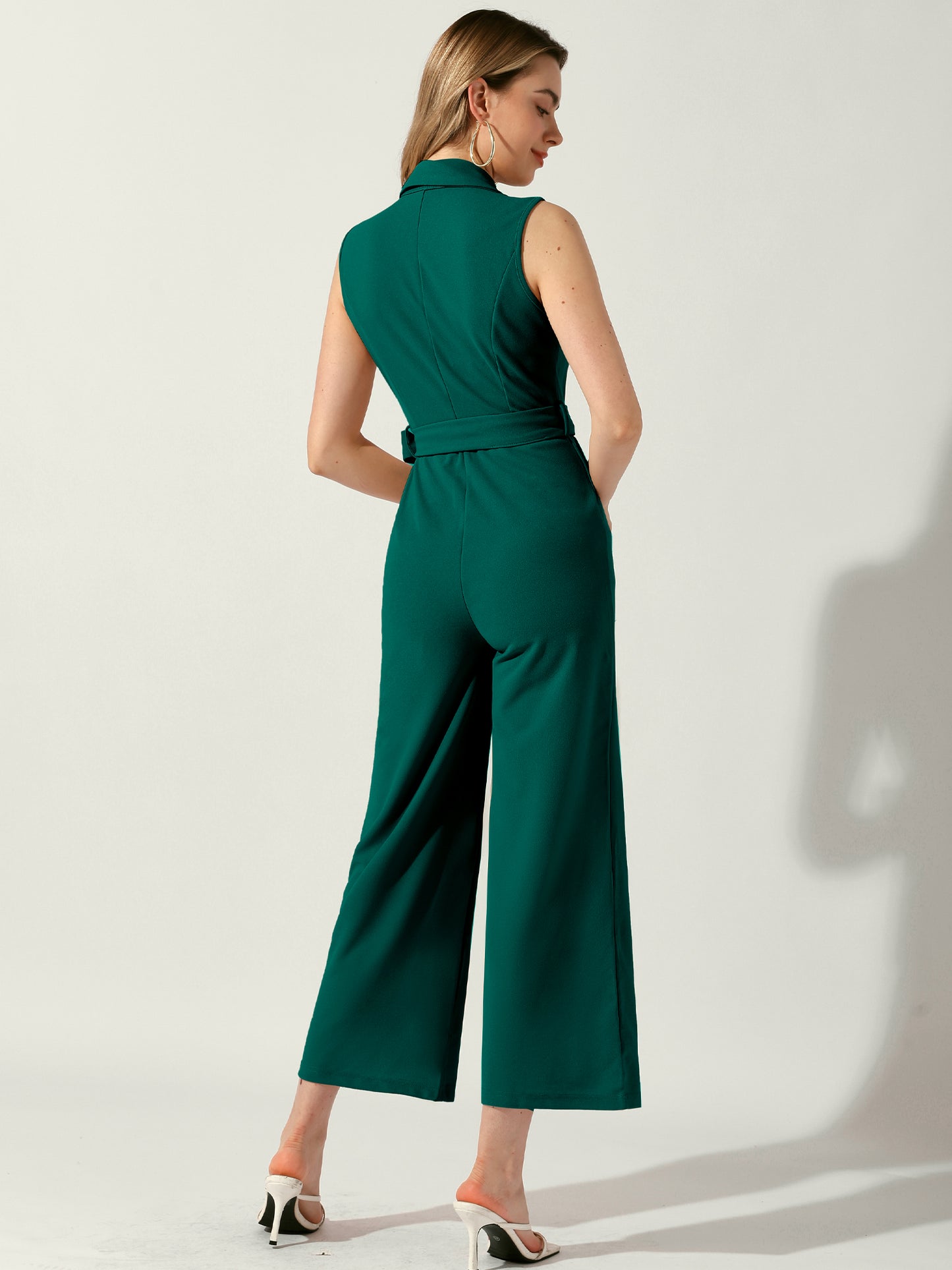 Women's Elegant Office Work Sleeveless Wide Belted Leg Jumpsuit Romper