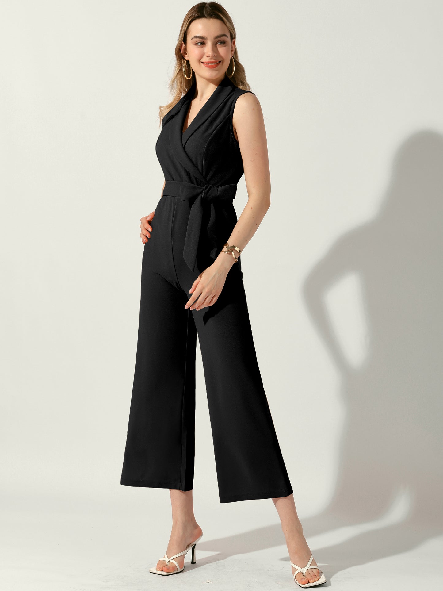 Women's Elegant Office Work Sleeveless Wide Belted Leg Jumpsuit Romper