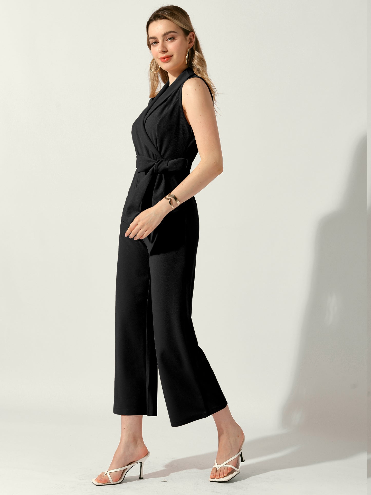 Women's Elegant Office Work Sleeveless Wide Belted Leg Jumpsuit Romper