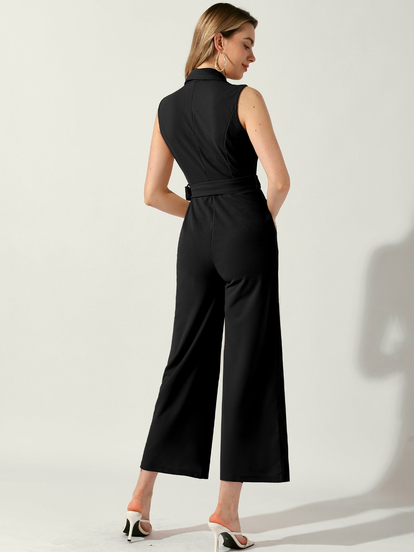 Women's Elegant Office Work Sleeveless Wide Belted Leg Jumpsuit Romper