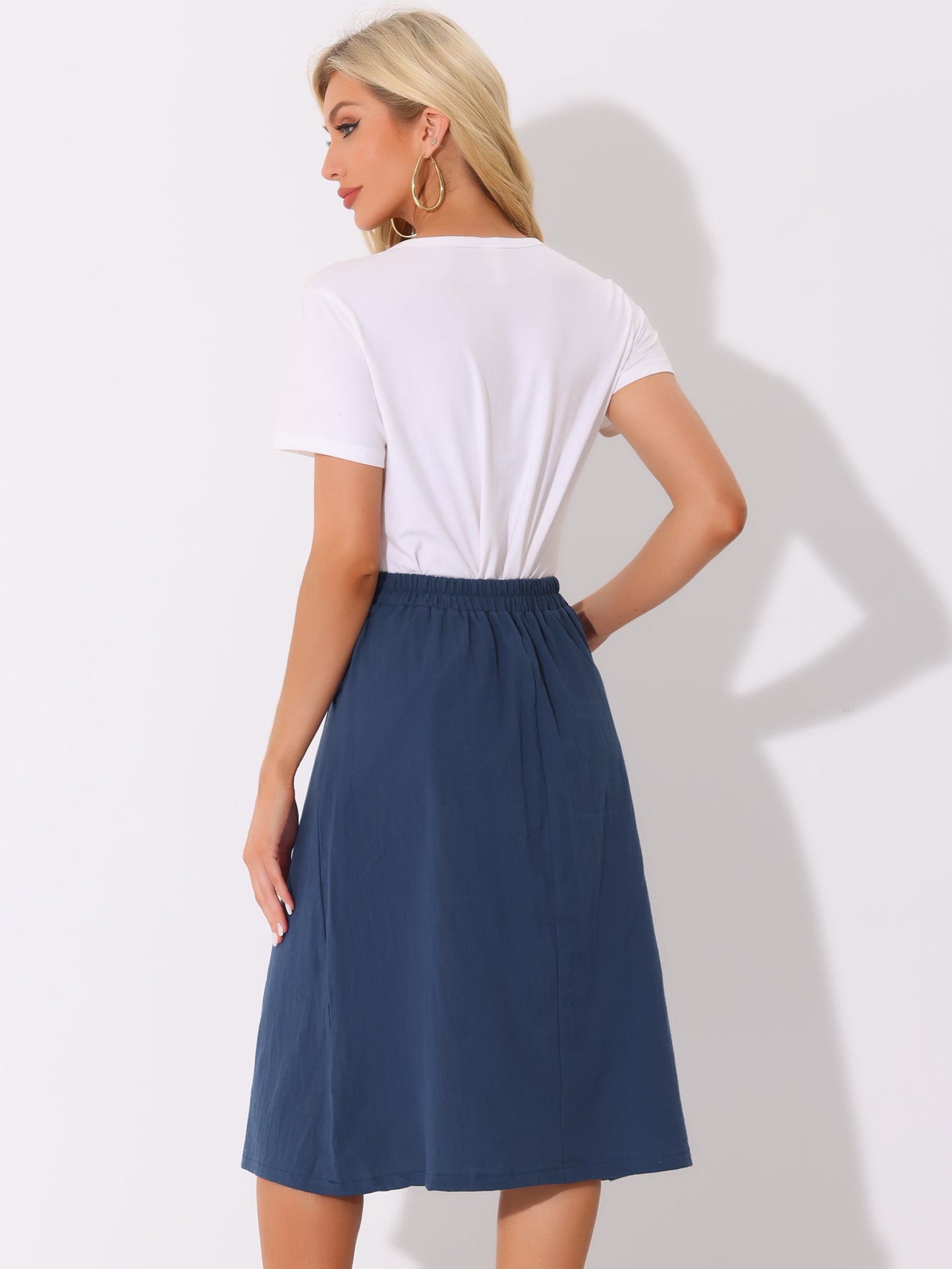 Women Casual High Elastic Waist Button Pleated A Line Midi Skirt with Pockets