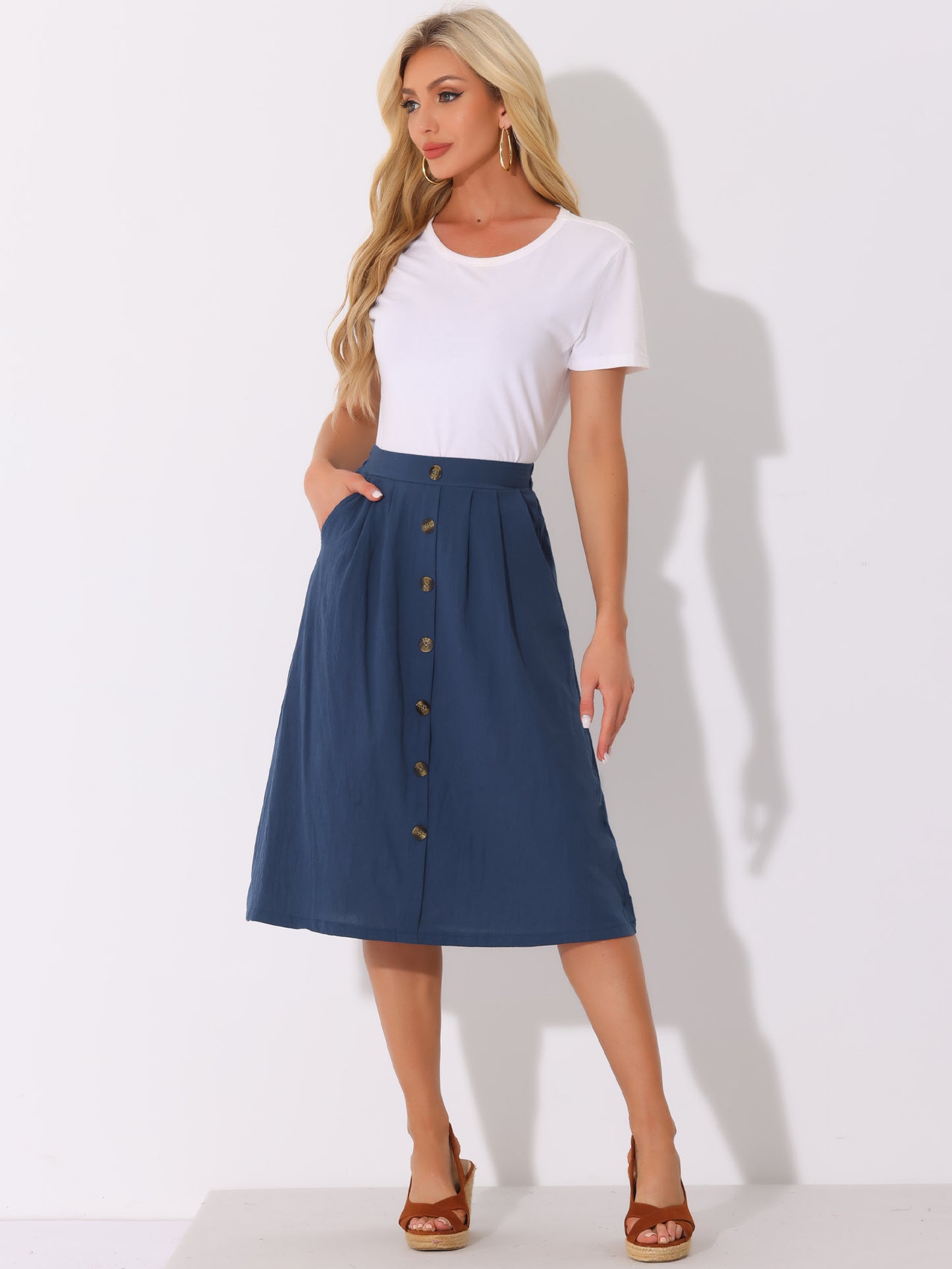Women Casual High Elastic Waist Button Pleated A Line Midi Skirt with Pockets