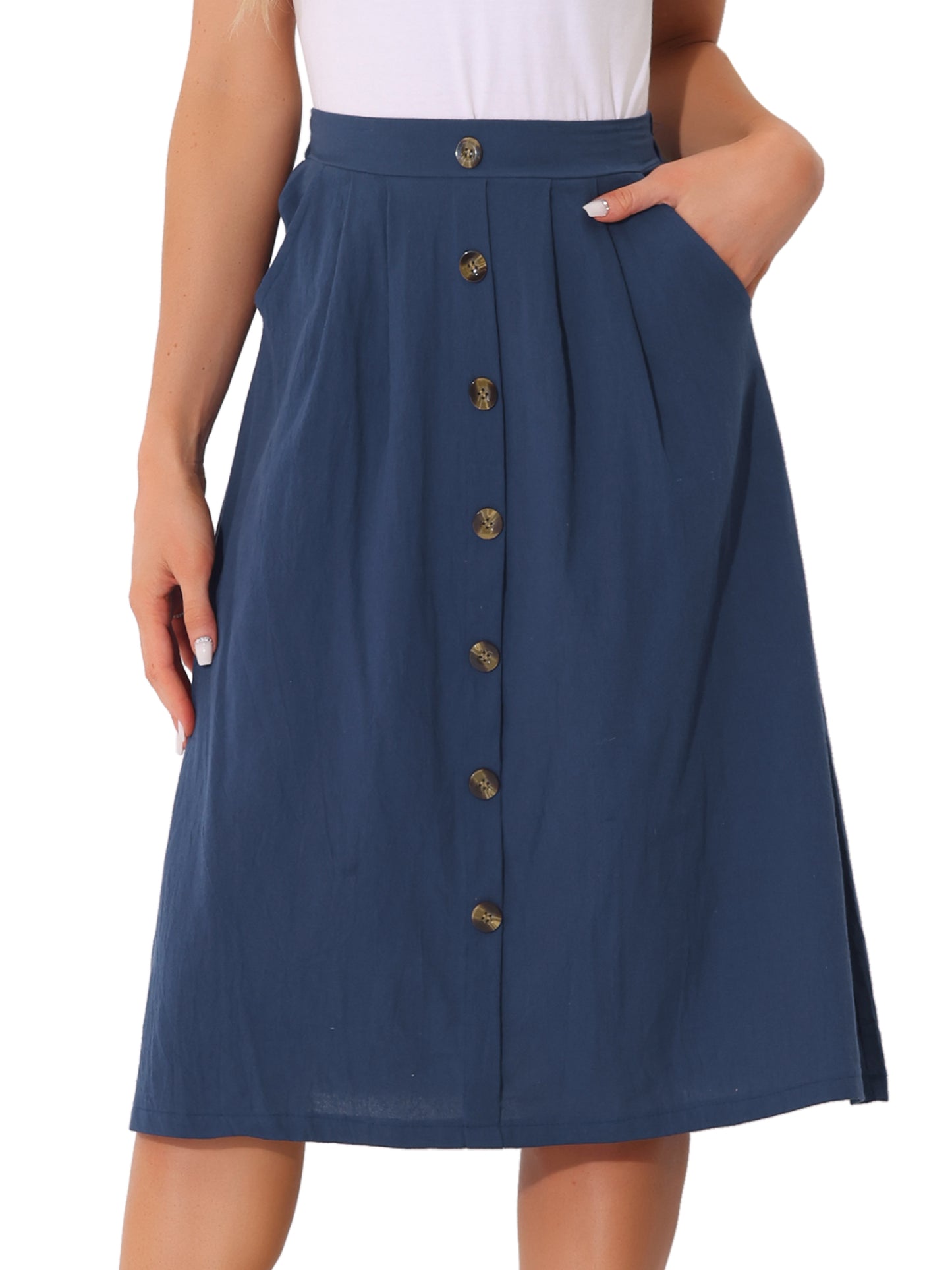 Women Casual High Elastic Waist Button Pleated A Line Midi Skirt with Pockets