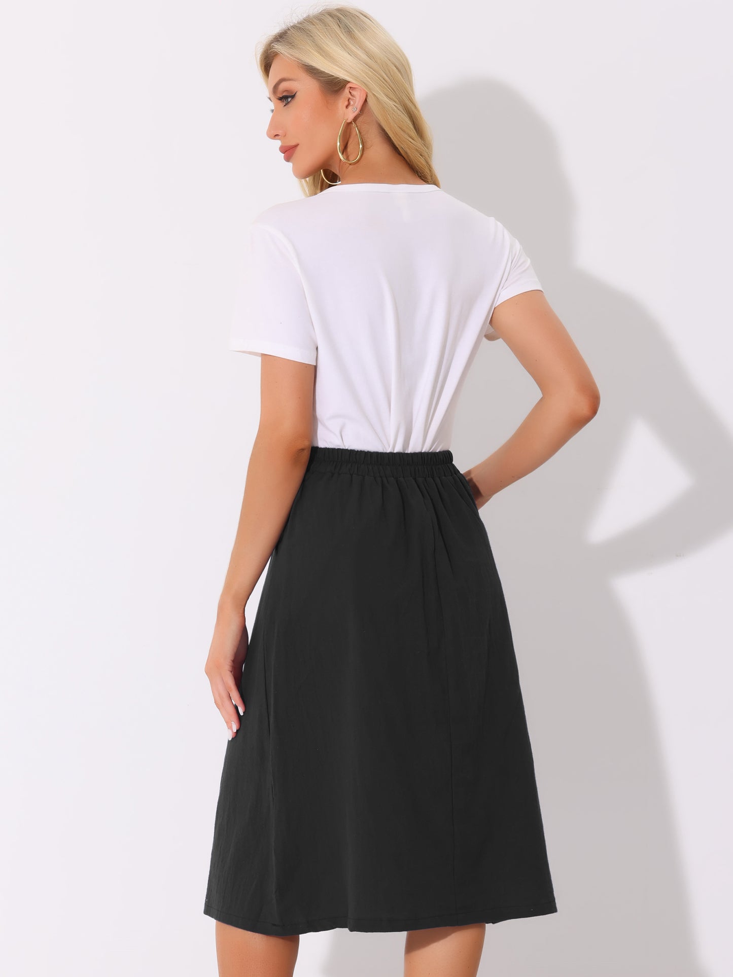 Women Casual High Elastic Waist Button Pleated A Line Midi Skirt with Pockets