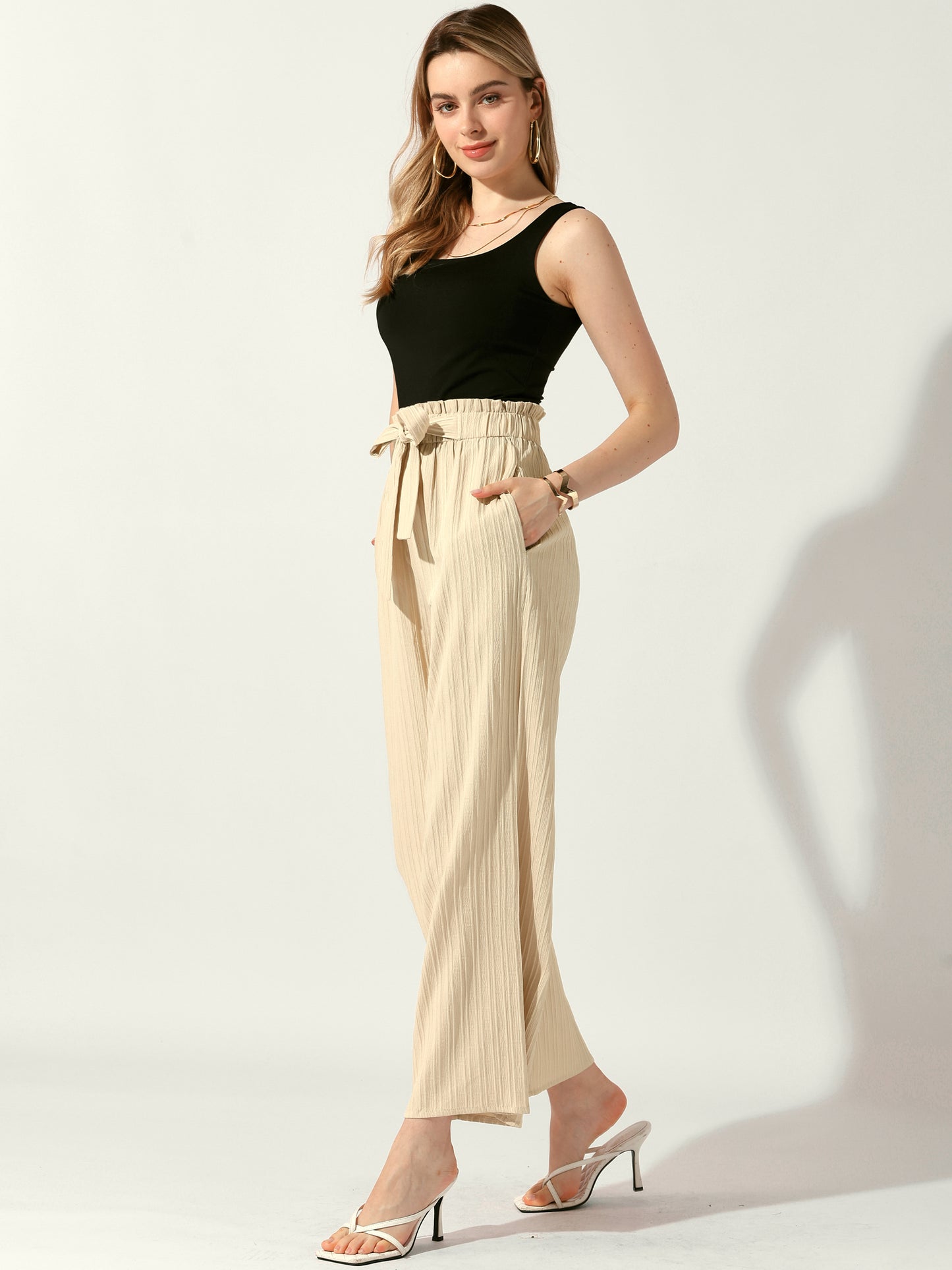 Pantalones casuales de oficina para mujer, de pierna ancha, con cintura elástica, nudo anudado, plisados y bolsillos