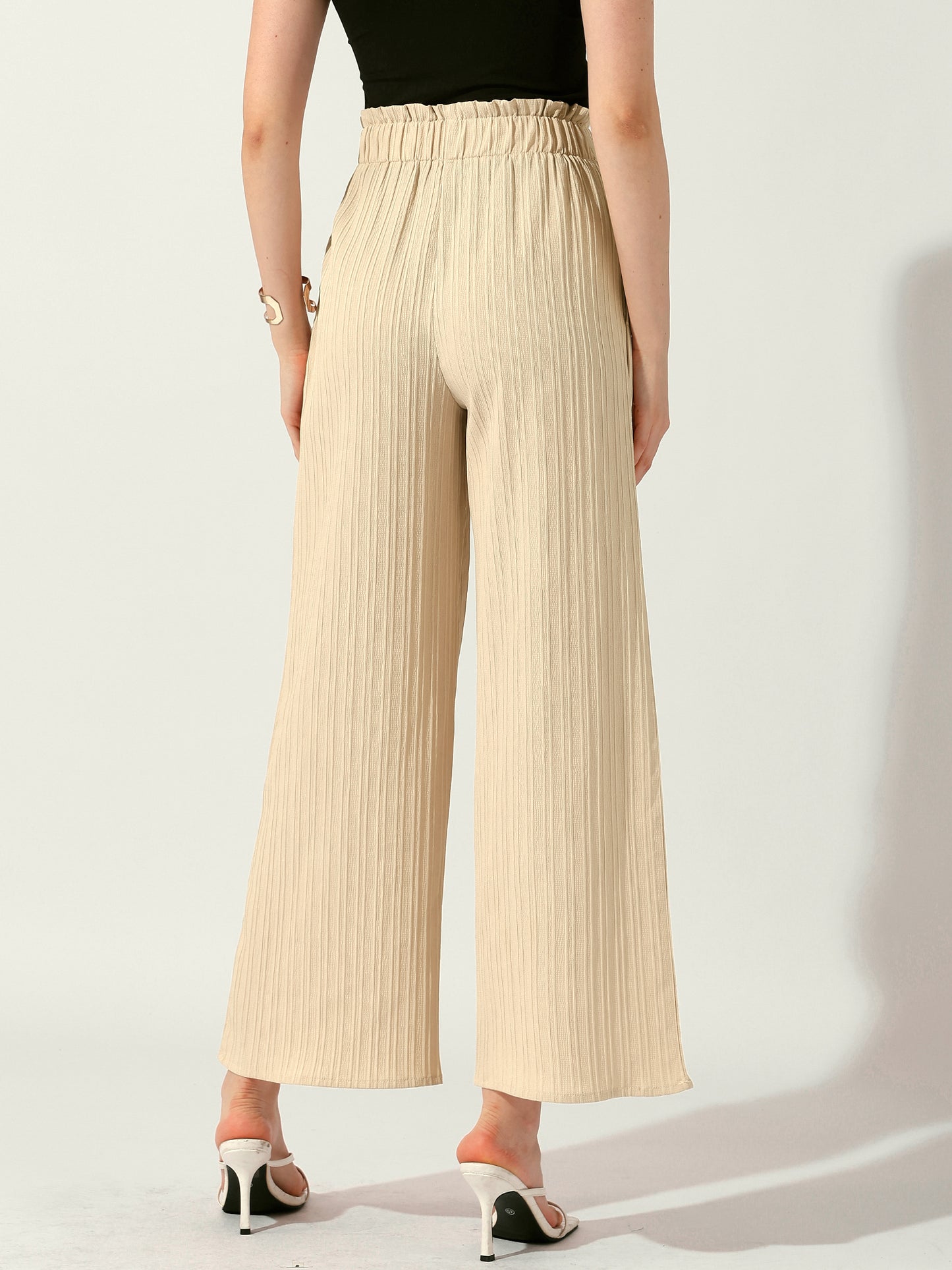Pantalones casuales de oficina para mujer, de pierna ancha, con cintura elástica, nudo anudado, plisados y bolsillos