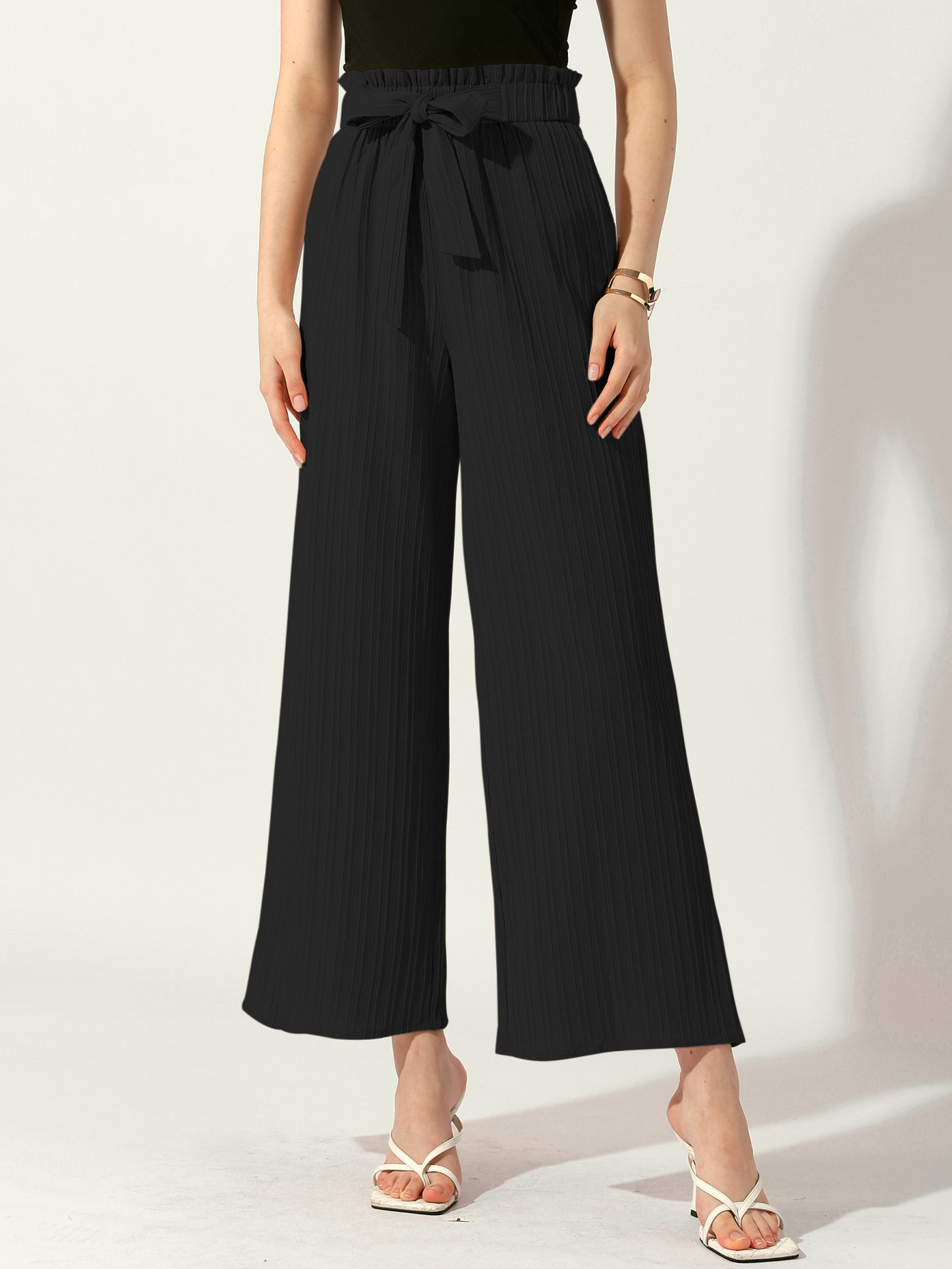 Pantalones casuales de oficina para mujer, de pierna ancha, con cintura elástica, nudo anudado, plisados y bolsillos
