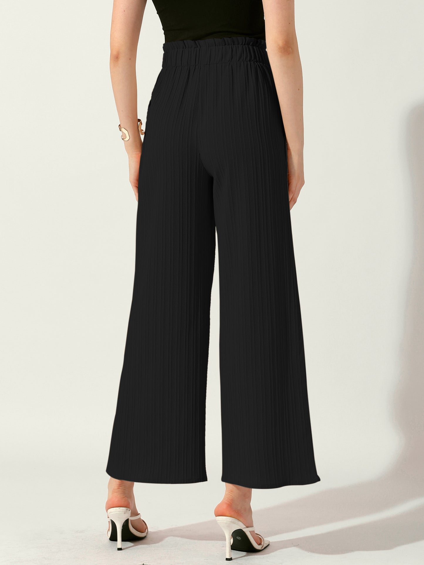 Pantalones casuales de oficina para mujer, de pierna ancha, con cintura elástica, nudo anudado, plisados y bolsillos