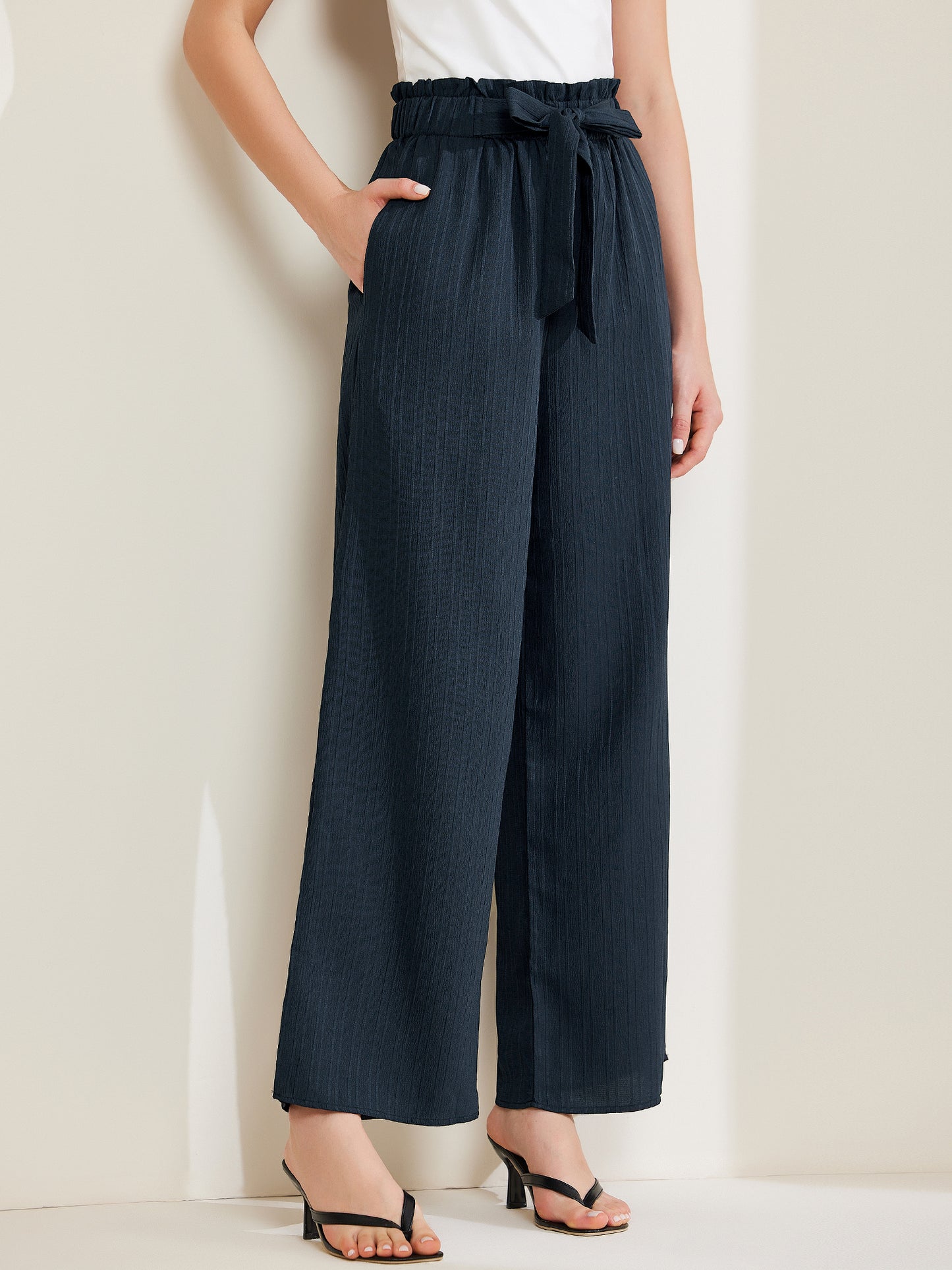 Pantalones casuales de oficina para mujer, de pierna ancha, con cintura elástica, nudo anudado, plisados y bolsillos