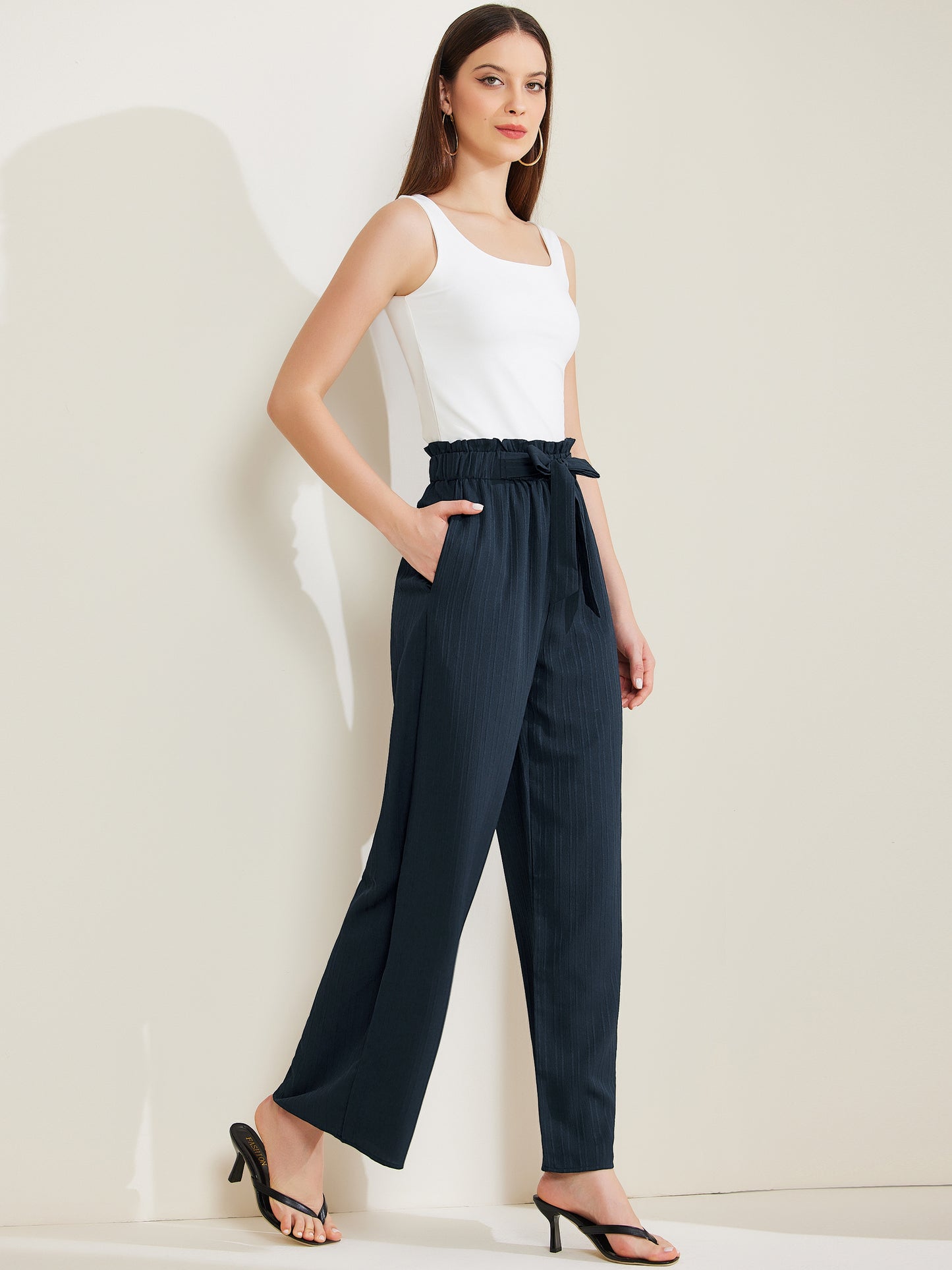 Pantalones casuales de oficina para mujer, de pierna ancha, con cintura elástica, nudo anudado, plisados y bolsillos