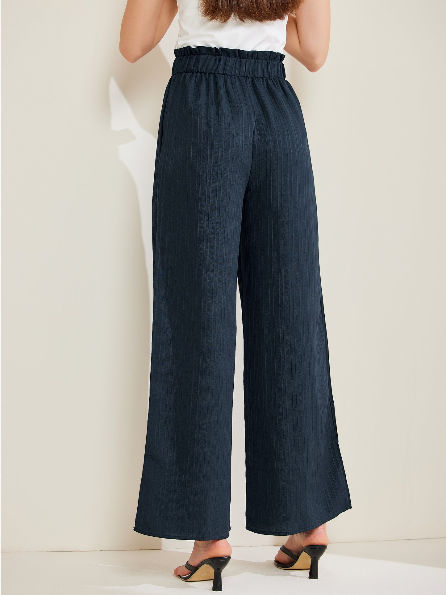 Pantalones casuales de oficina para mujer, de pierna ancha, con cintura elástica, nudo anudado, plisados y bolsillos