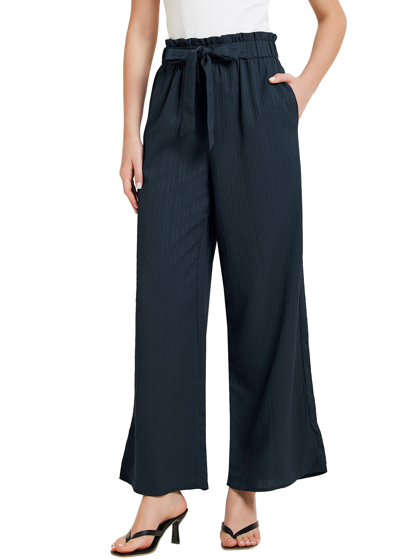 Pantalones casuales de oficina para mujer, de pierna ancha, con cintura elástica, nudo anudado, plisados y bolsillos