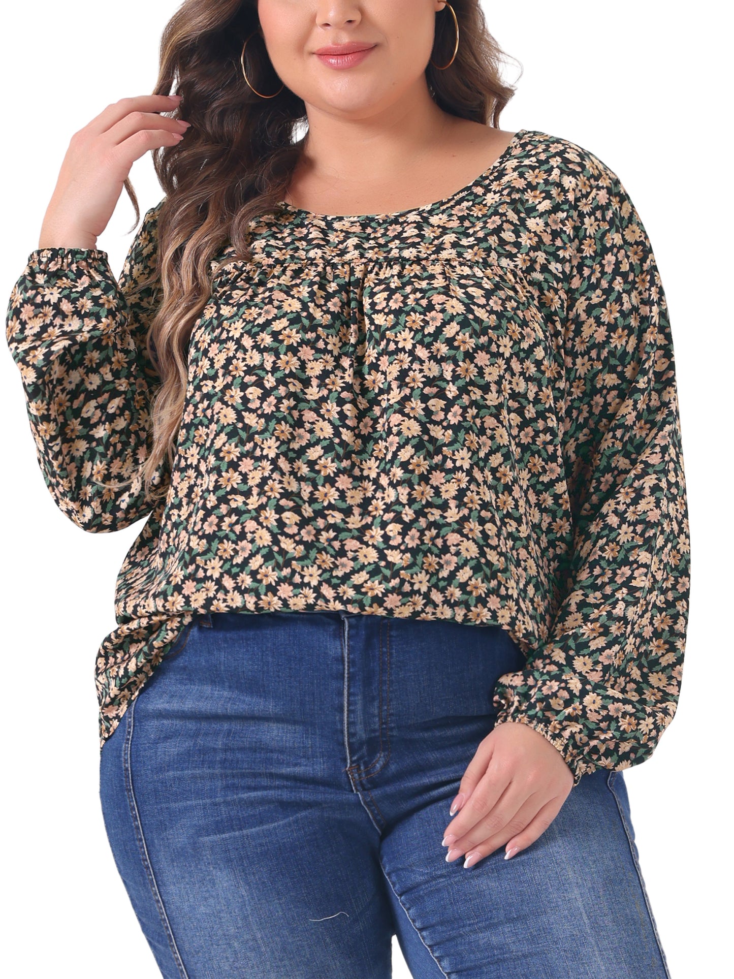 Women Plus Size Long Sleeve Floral Print Casual Blouse Top