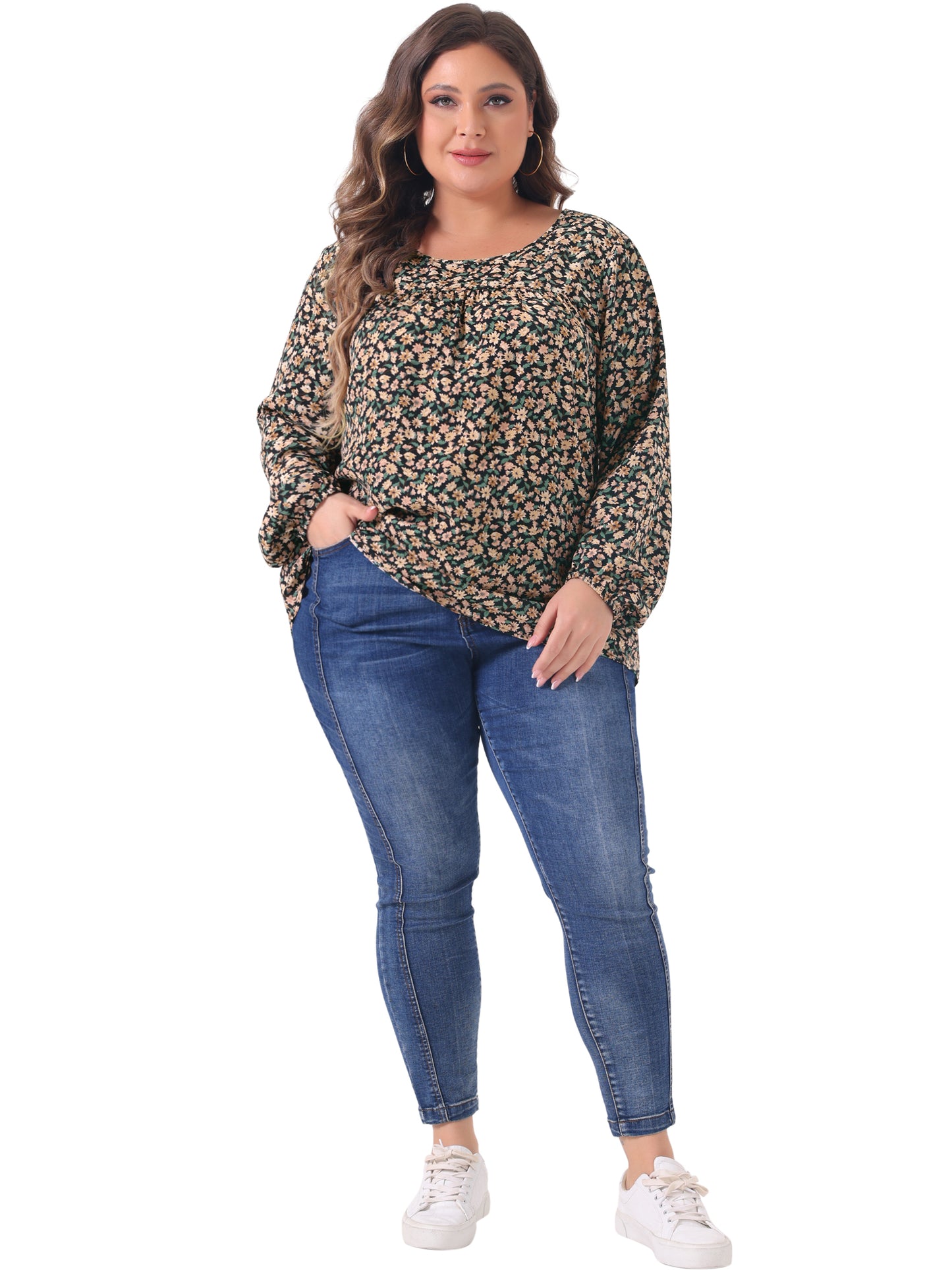 Women Plus Size Long Sleeve Floral Print Casual Blouse Top