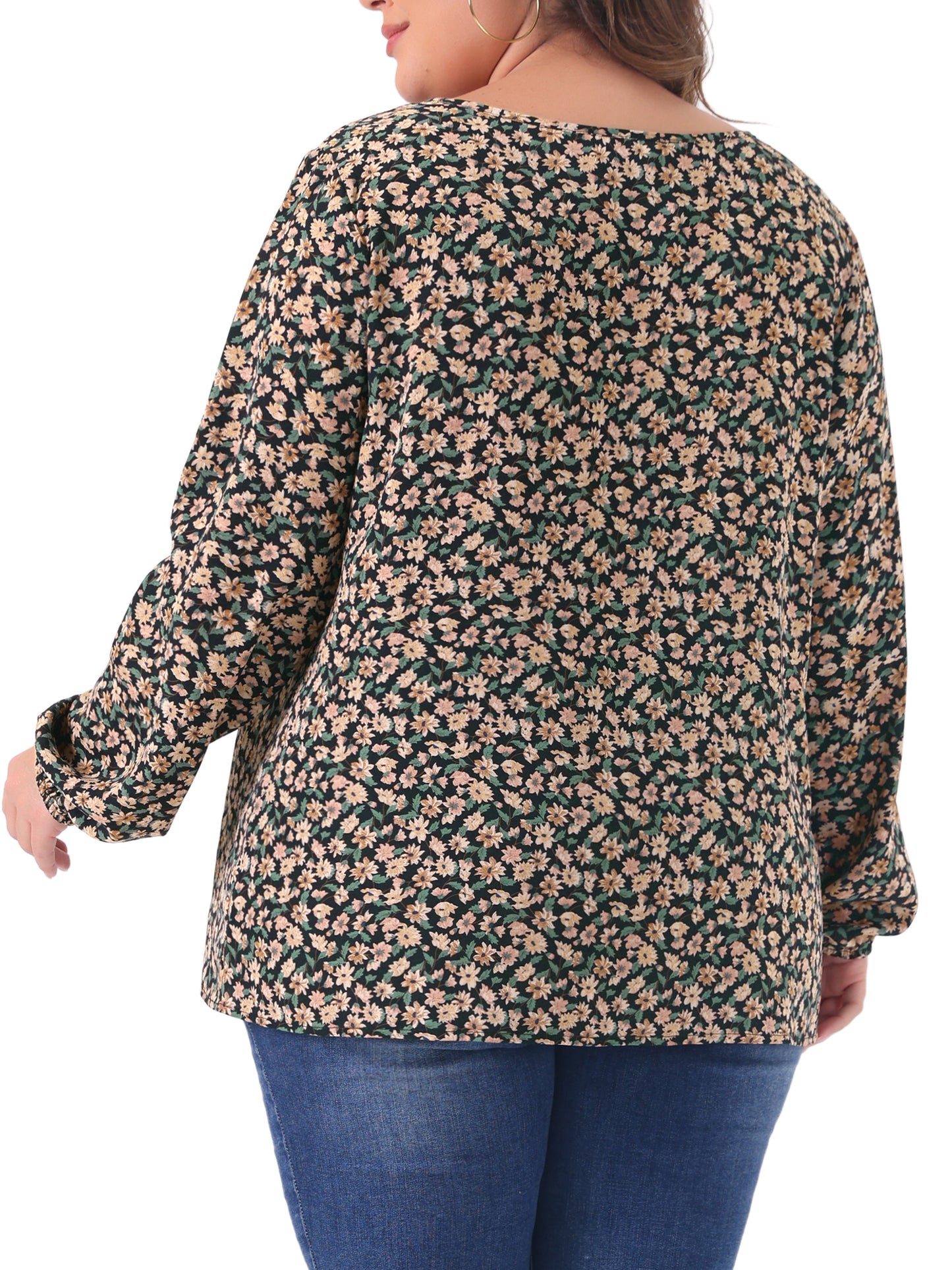 Women Plus Size Long Sleeve Floral Print Casual Blouse Top