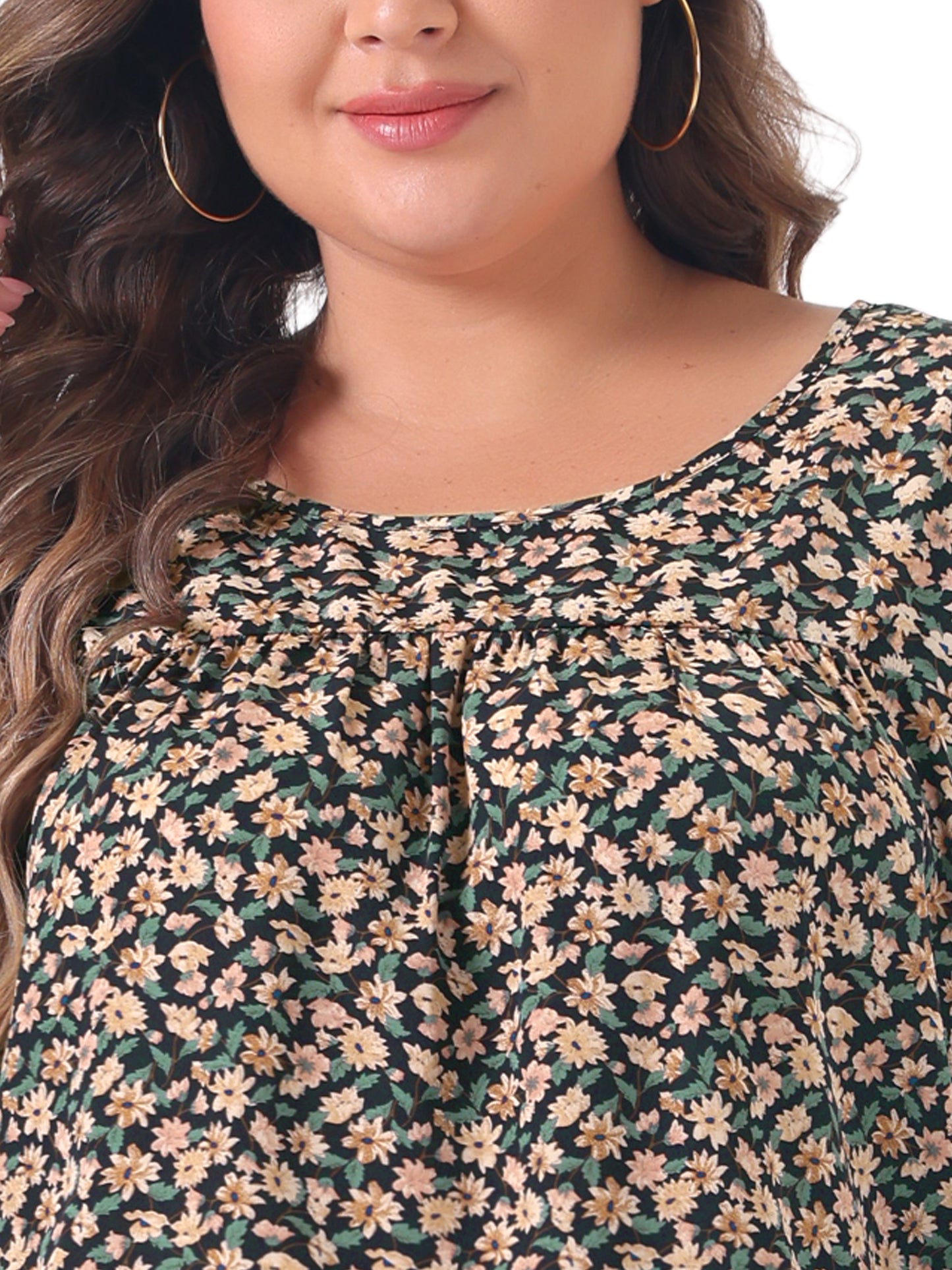 Women Plus Size Long Sleeve Floral Print Casual Blouse Top