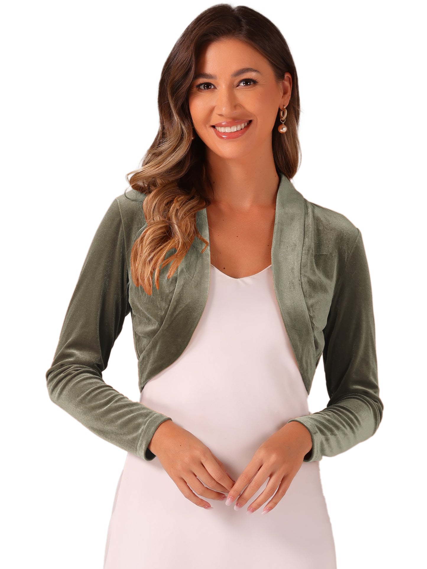 Women's Long Sleeve Velvet Shrug Cocktail Party Open Front Cropped Bolero Cardigan Top