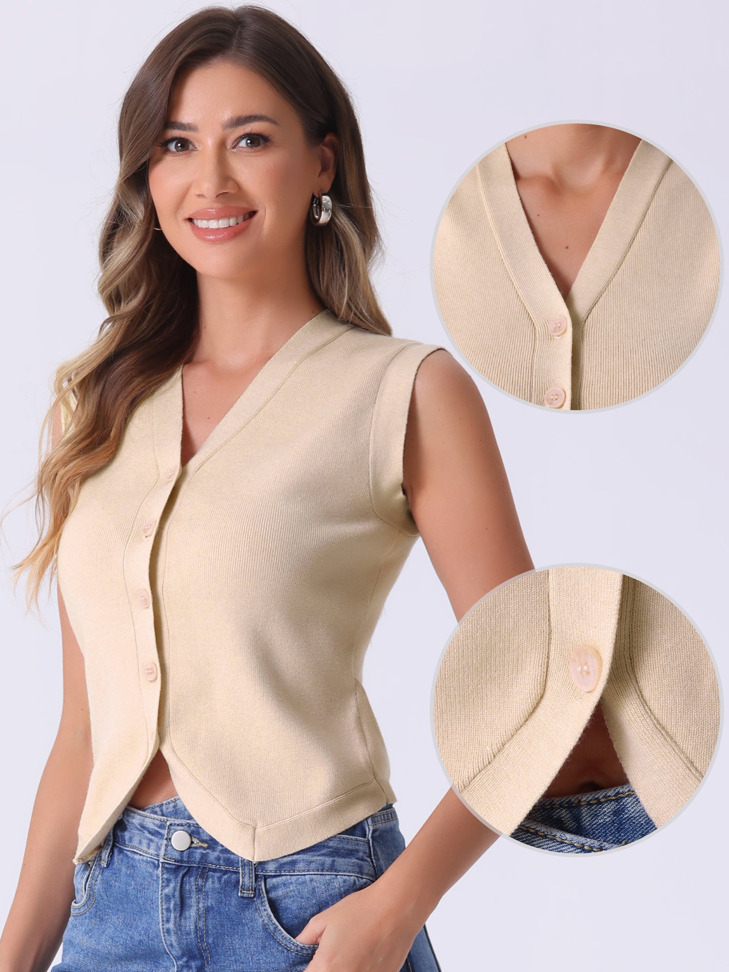 Women V Neck Cropped Sleeveless Button Up Cardigan Business Casual Knitted Tank Top Sweater Vest