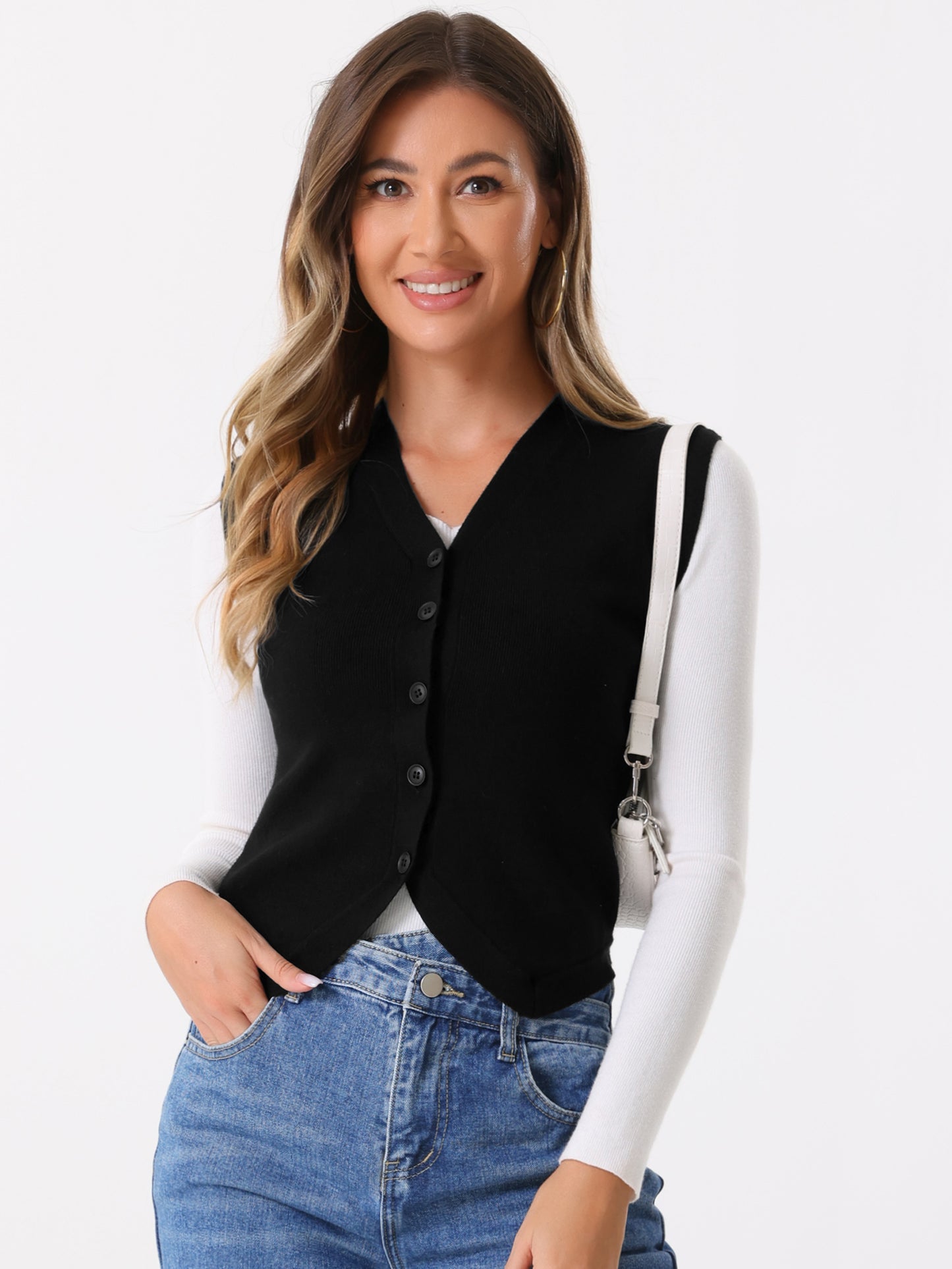 Women V Neck Cropped Sleeveless Button Up Cardigan Business Casual Knitted Tank Top Sweater Vest