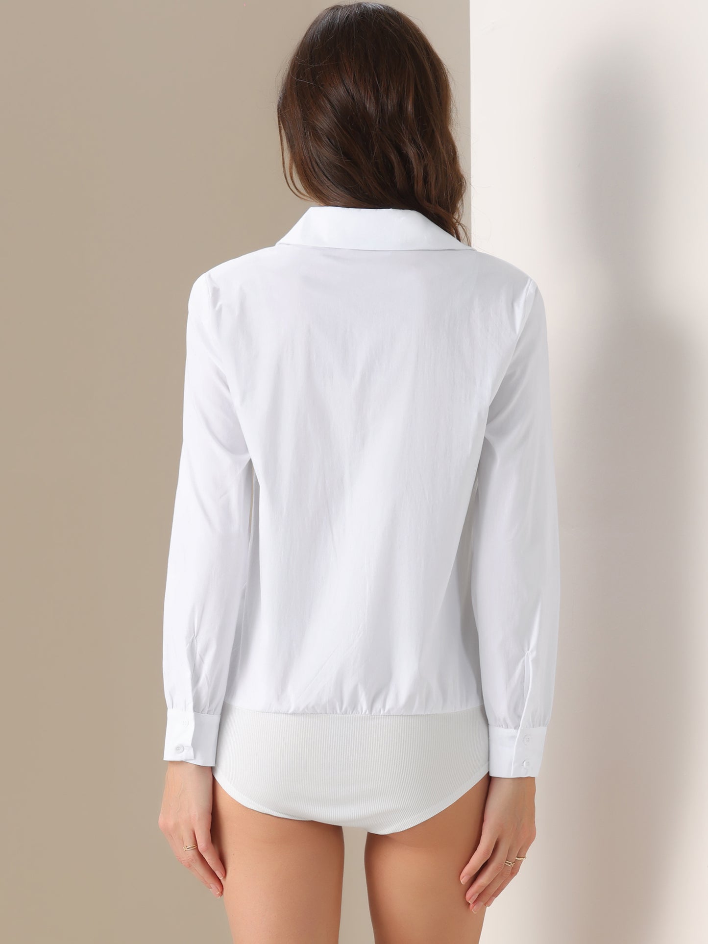 Women's Collared Business Office Long Sleeves Bodysuit Work Leotard Shirt