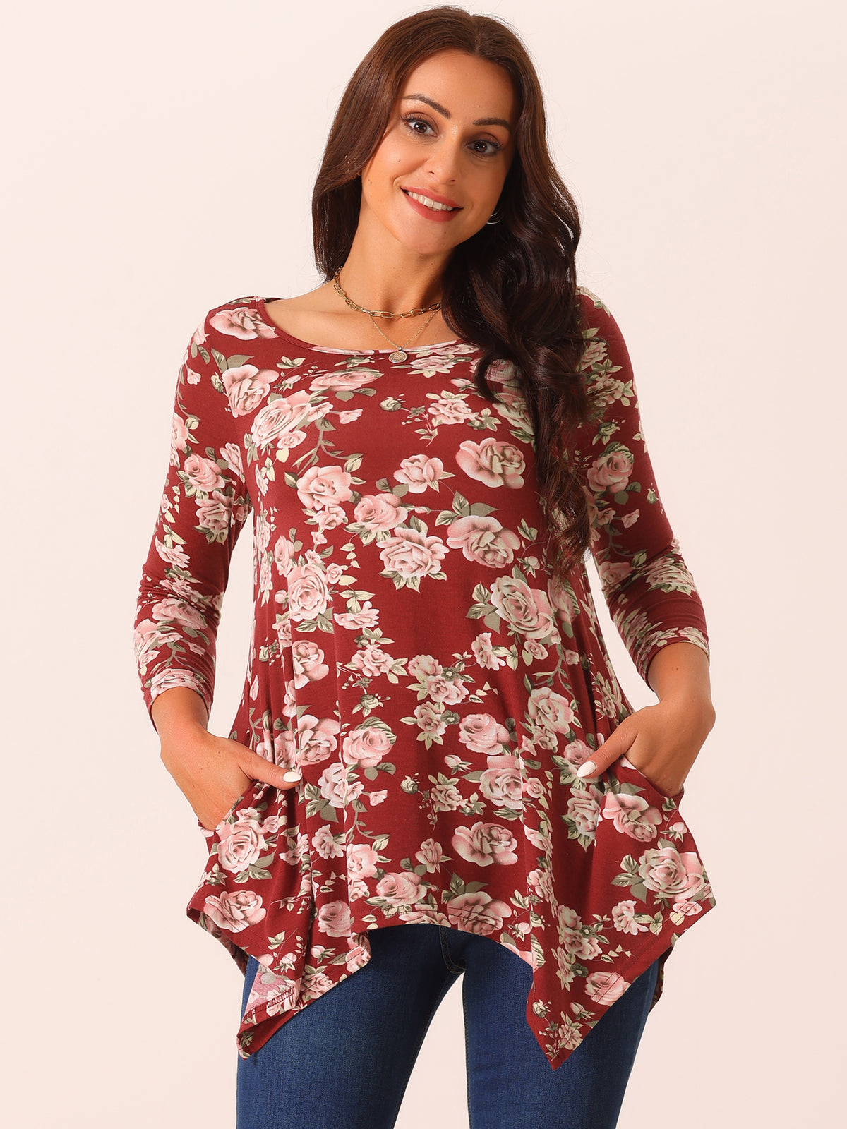 Women's 3/4 Sleeve Round Neck Floral Print Loose Fit Asymmetrical Hem Tops with Pockets