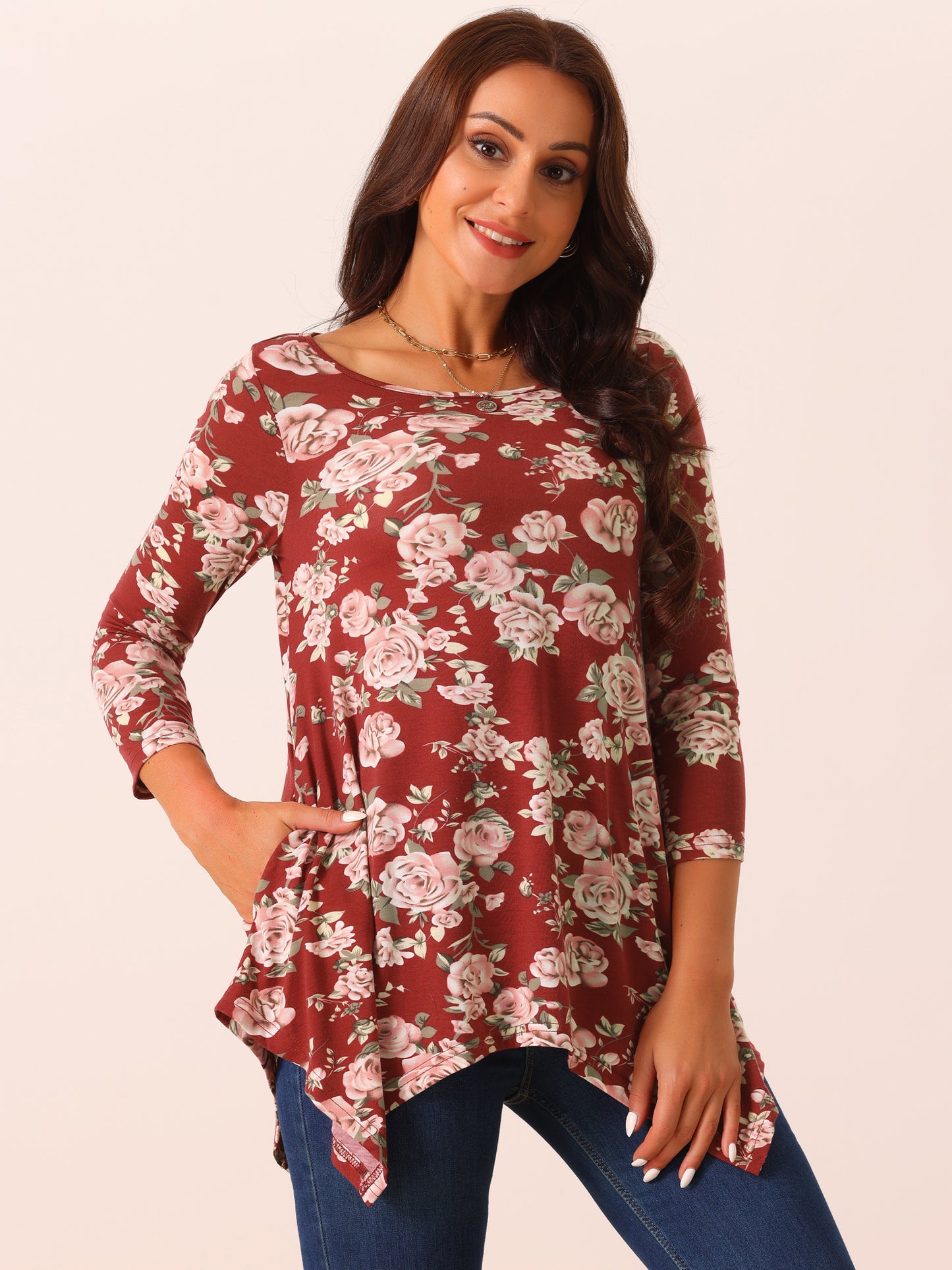Women's 3/4 Sleeve Tops Round Neck Floral Print Loose Fit Asymmetrical Hem Tops with PocKets