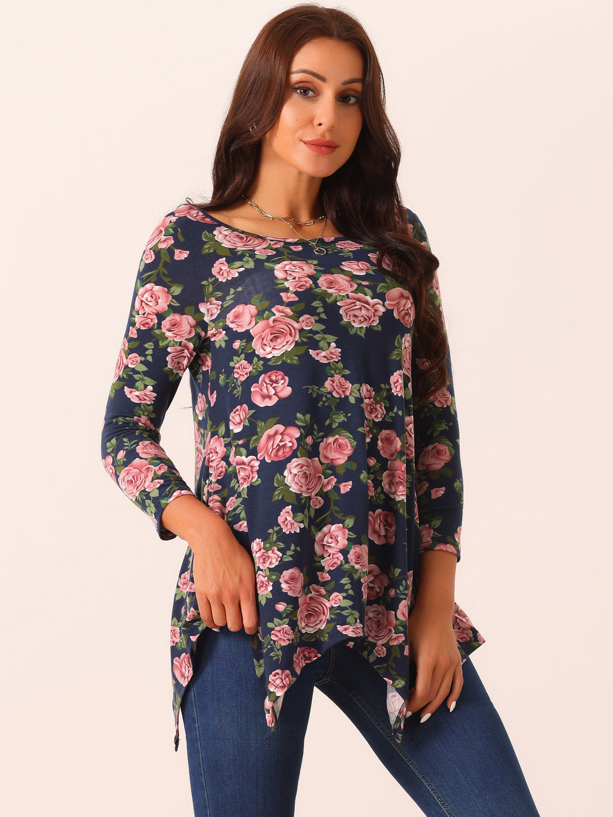Women's 3/4 Sleeve Round Neck Floral Print Loose Fit Asymmetrical Hem Tops with Pockets