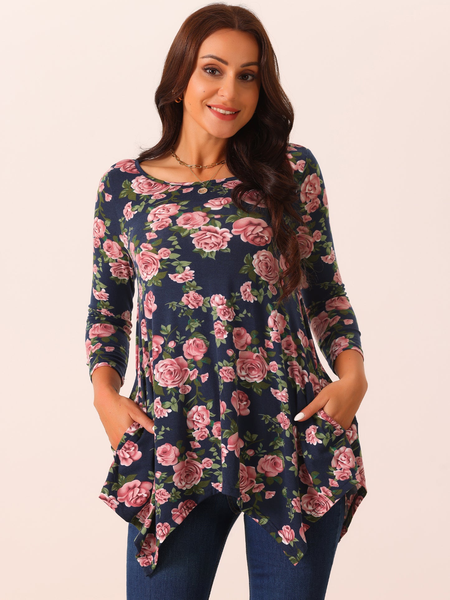 Women's 3/4 Sleeve Tops Round Neck Floral Print Loose Fit Asymmetrical Hem Tops with PocKets