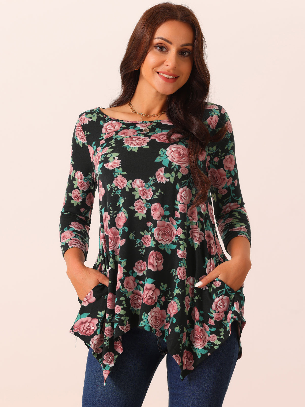 Women's 3/4 Sleeve Round Neck Floral Print Loose Fit Asymmetrical Hem Tops with Pockets