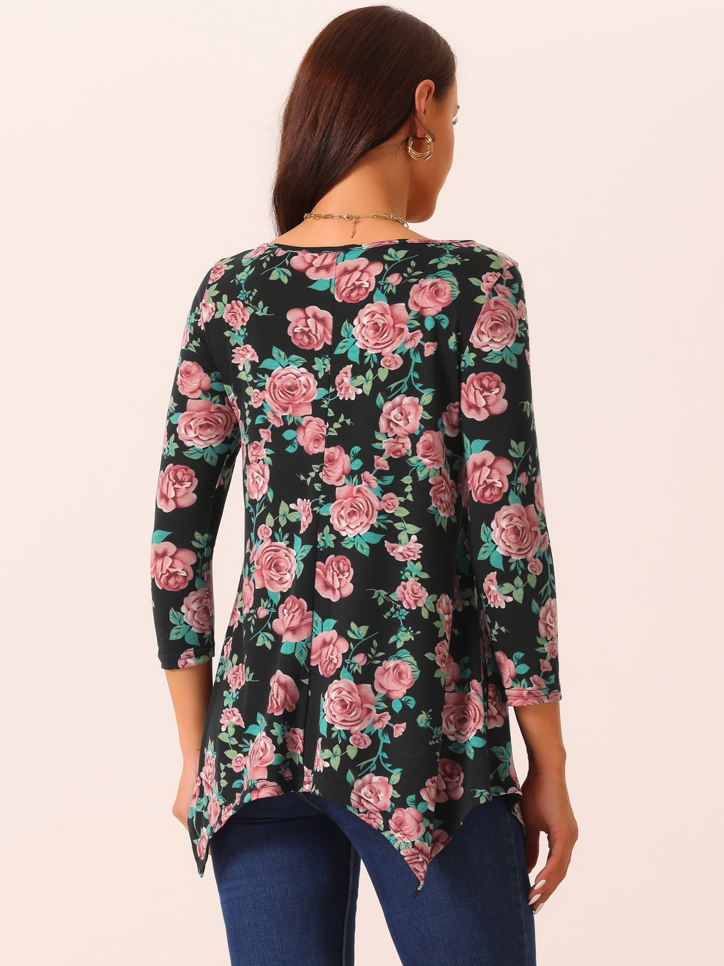 Women's 3/4 Sleeve Tops Round Neck Floral Print Loose Fit Asymmetrical Hem Tops with PocKets