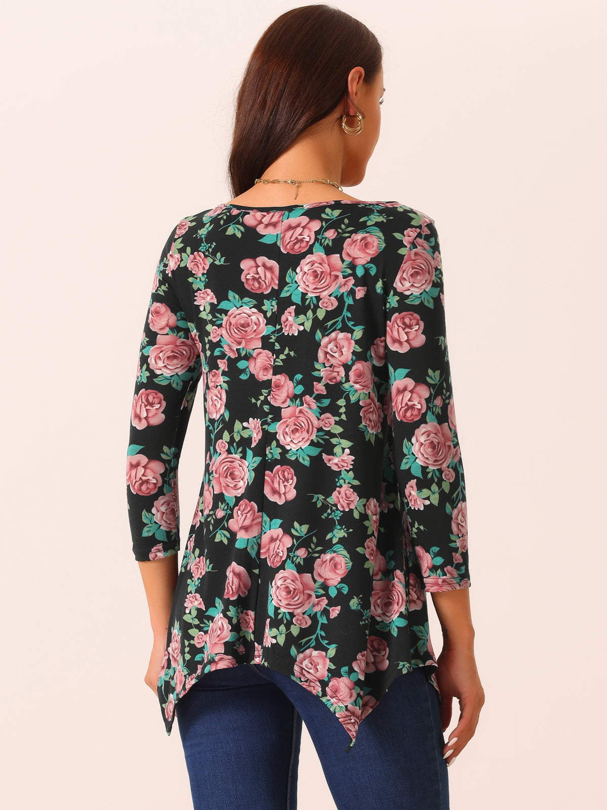 Women's 3/4 Sleeve Round Neck Floral Print Loose Fit Asymmetrical Hem Tops with Pockets