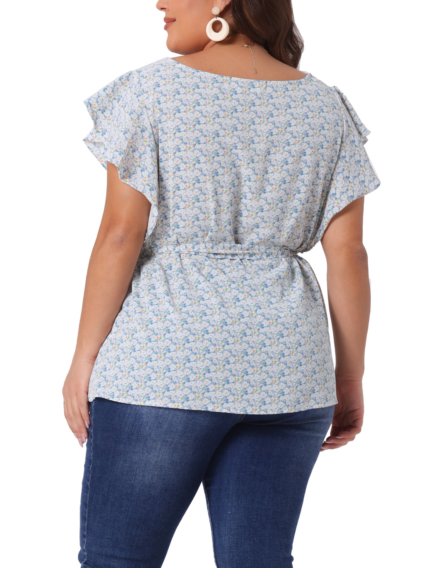 Women's Plus Size Summer Top Floral Tie Waist Short Sleeves Round Neck Blouse