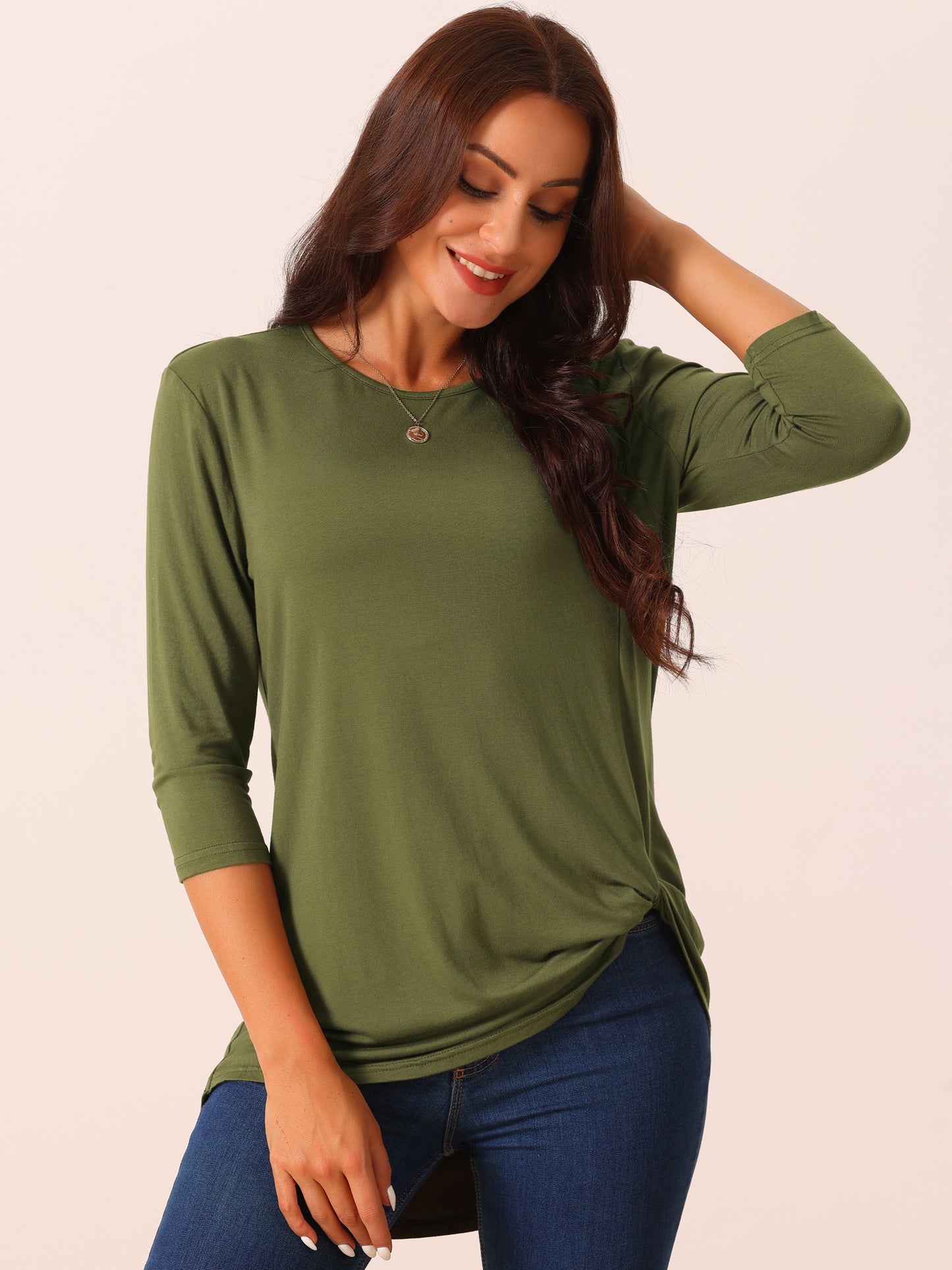 Women's Casual Tunic Top Crewneck 3/4 Sleeve Asymmetrical High Low Shirt Twist Knot Waist Blouse