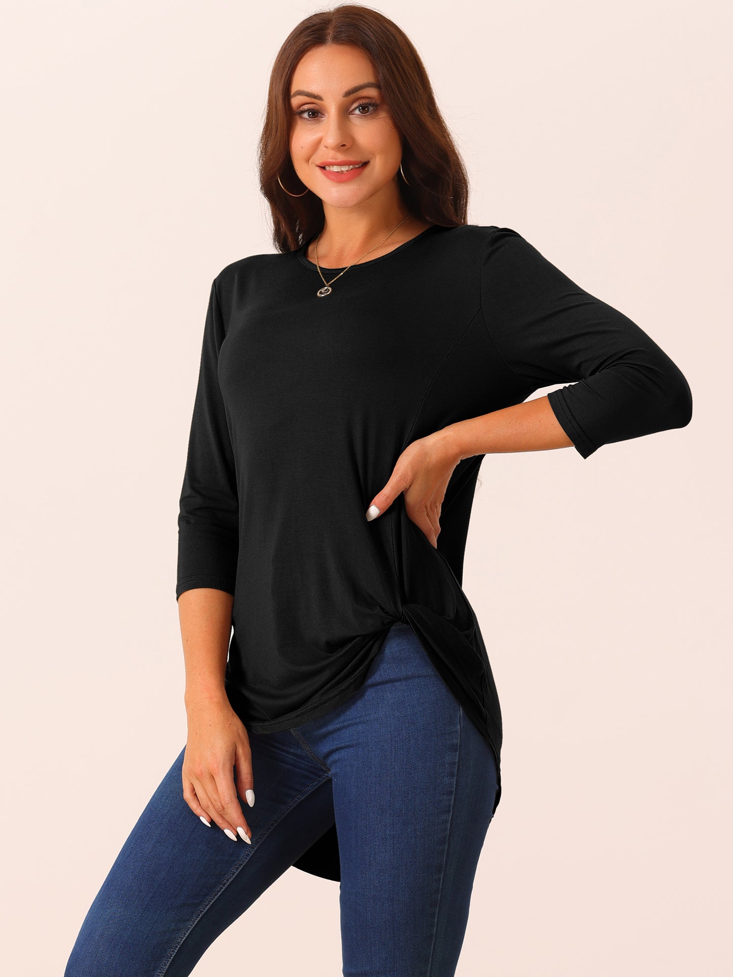Women's Casual Tunic Top Crewneck 3/4 Sleeve Asymmetrical High Low Shirt Twist Knot Waist Blouse