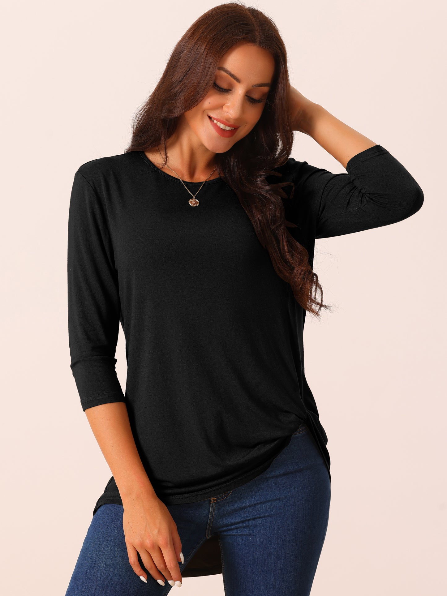 Women's Casual Tunic Top Crewneck 3/4 Sleeve Asymmetrical High Low Shirt Twist Knot Waist Blouse