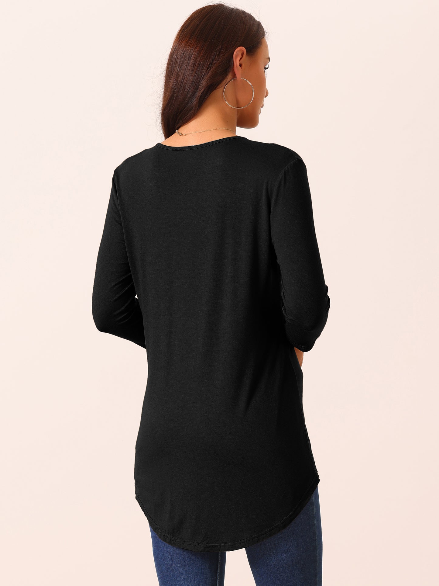 Women's Casual Tunic Top Crewneck 3/4 Sleeve Asymmetrical High Low Shirt Twist Knot Waist Blouse