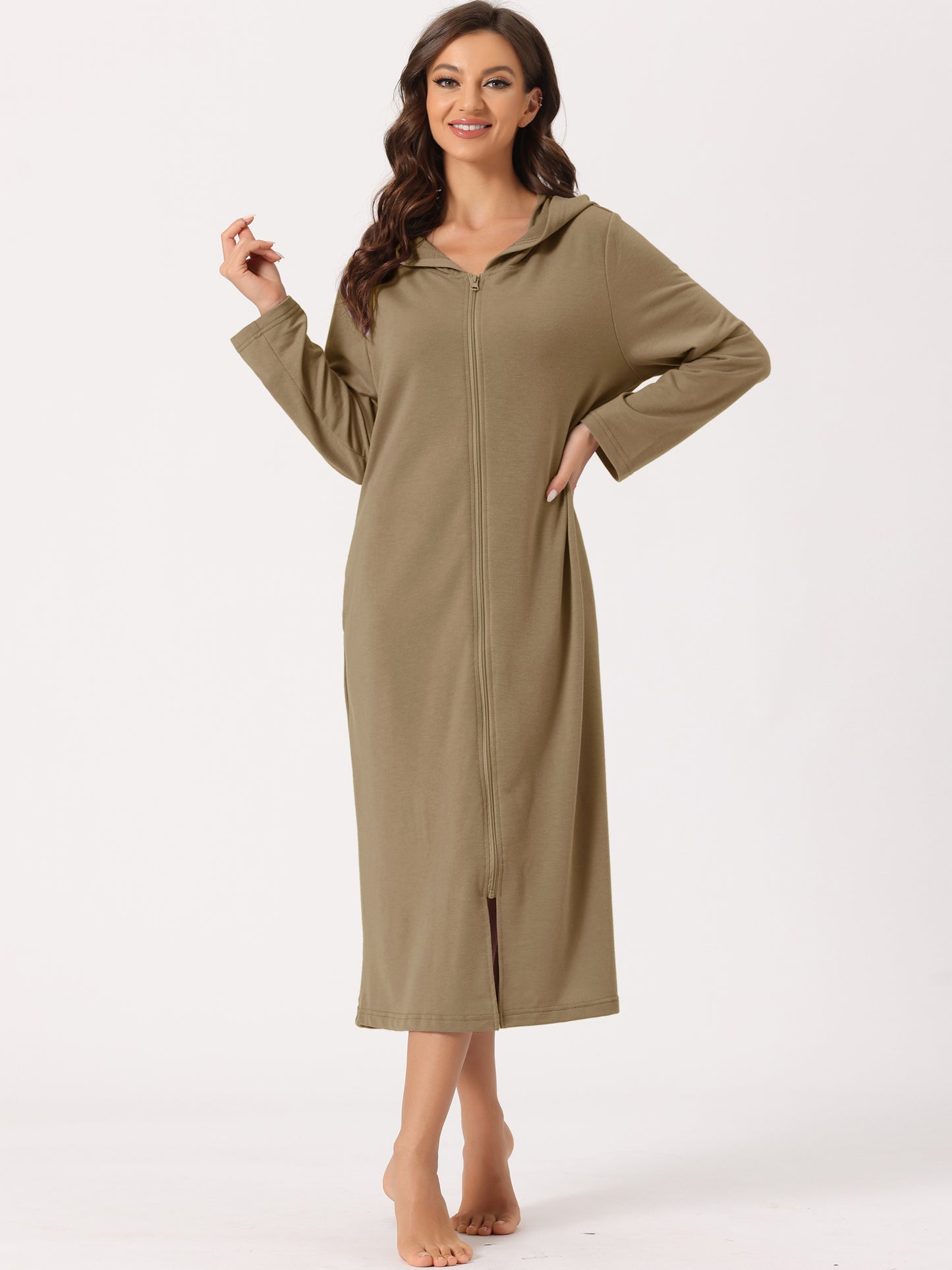 Bata de baño con capucha y cremallera para mujer, vestido de manga larga con bolsillos