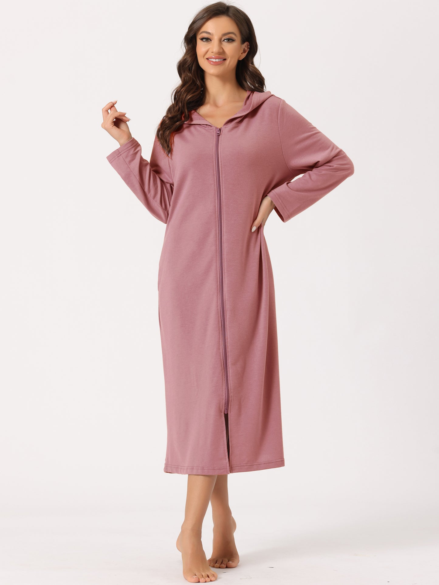 Bata de baño con capucha y cremallera para mujer, vestido de manga larga con bolsillos